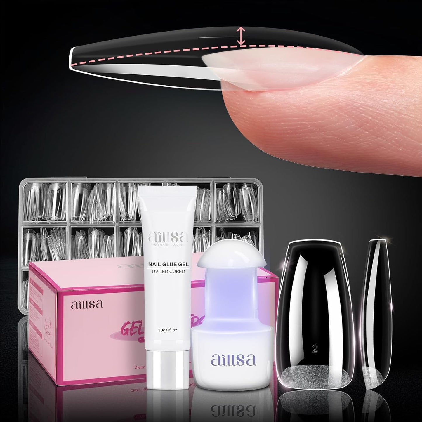 Nail Extension Kit - Medium Almond Nail Tips 224pcs | Solid Gel Glue 30g & Nail Lamp for DIY Home Salon