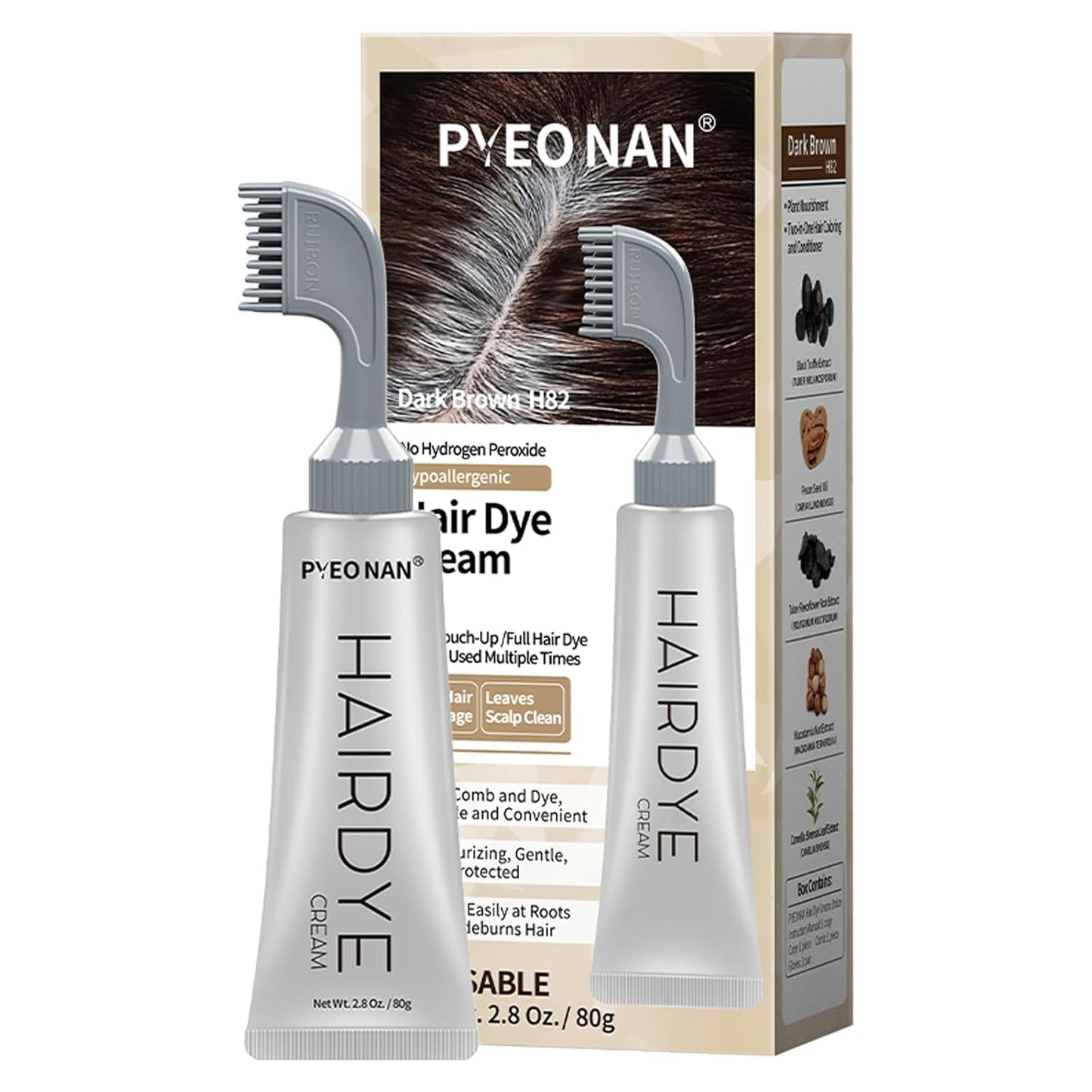 Hair Dye Cream - Hypoallergenic Natural Plant Extract | Ammonia-Free Gray Coverage, 2.8 Oz (Dark Brown)