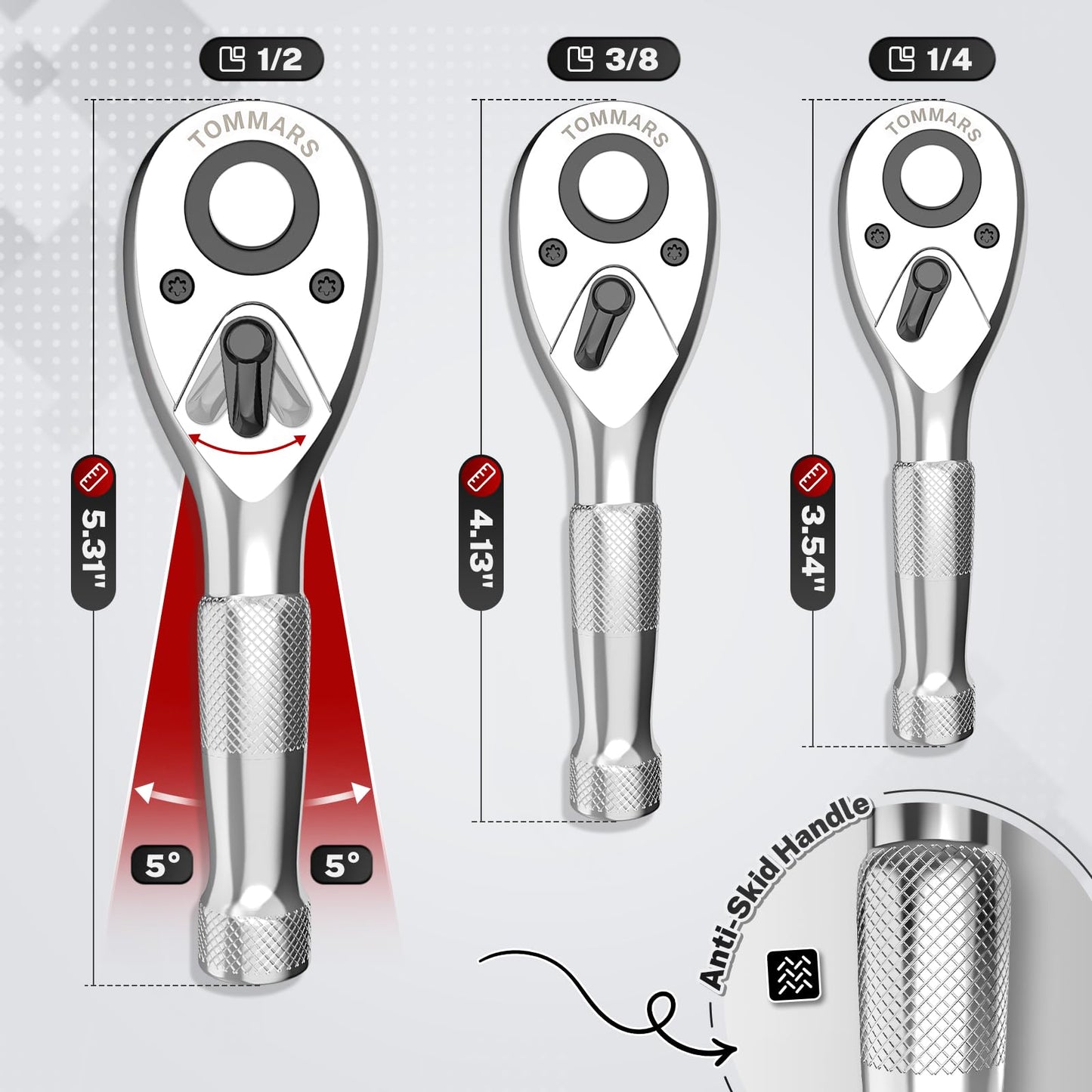 TOMMARS Stubby Ratchet Set, 1/4", 3/8", 1/2" Drive Ratchet Handle Wrench 72-Tooth Quick-Release Reversible, Gift for Men Mechanic Hand Tools