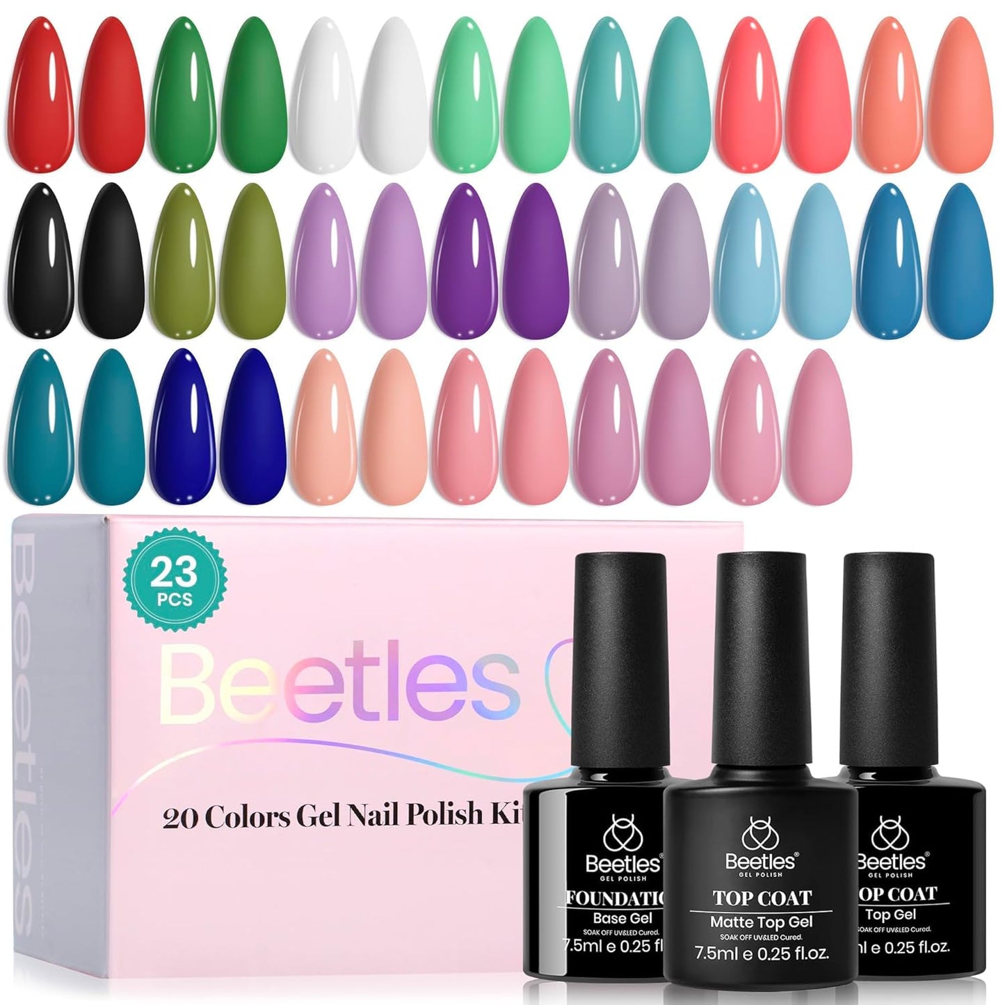 Beetles Gel Nail Polish Set - 23-Piece Summer Colors Collection | UV Gel Polish in Pink, Green, Blue with Base & Top Coat