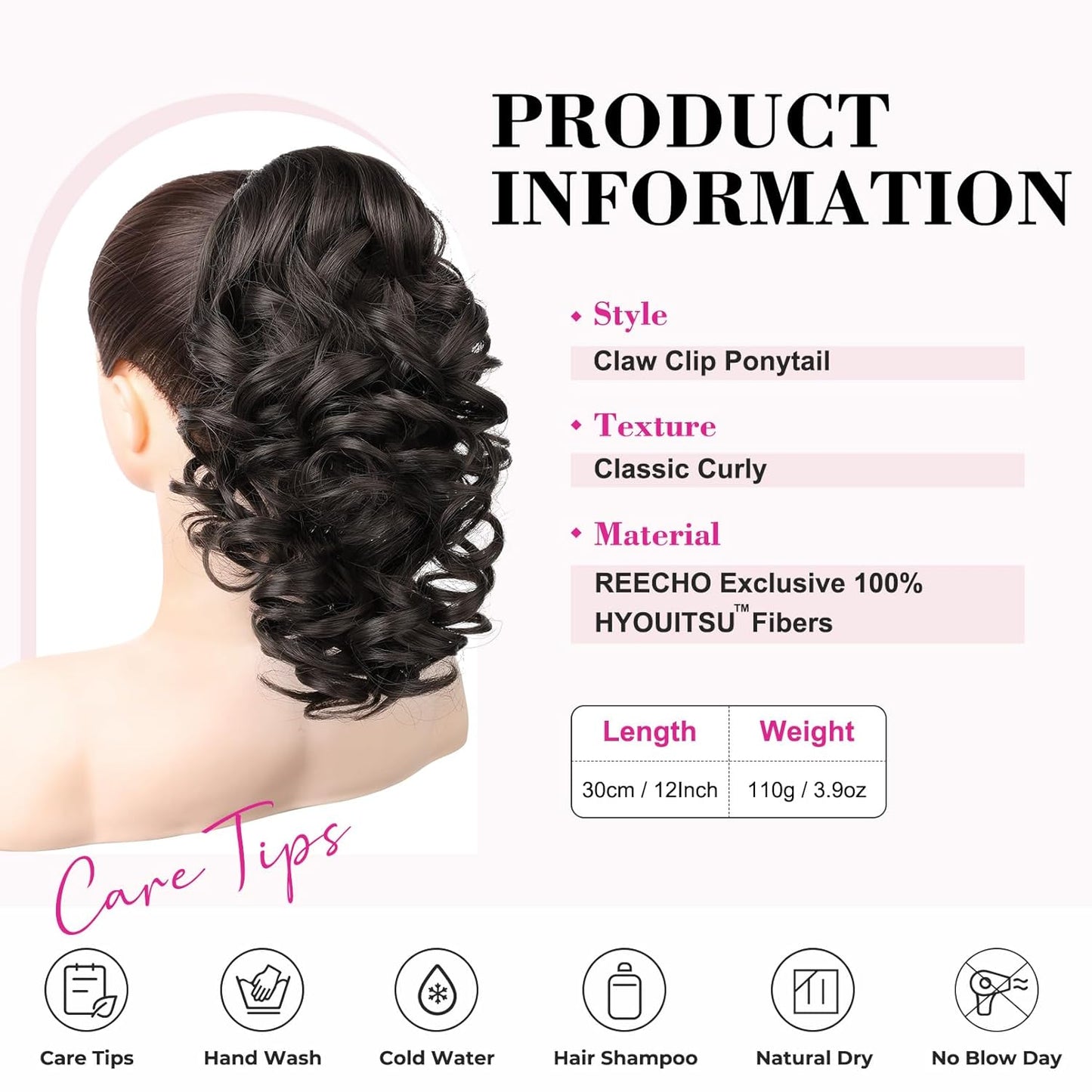 Ponytail Extension - 16" Classic Loose Curly Wavy Claw Clip Hairpiece for Women | Black Brown