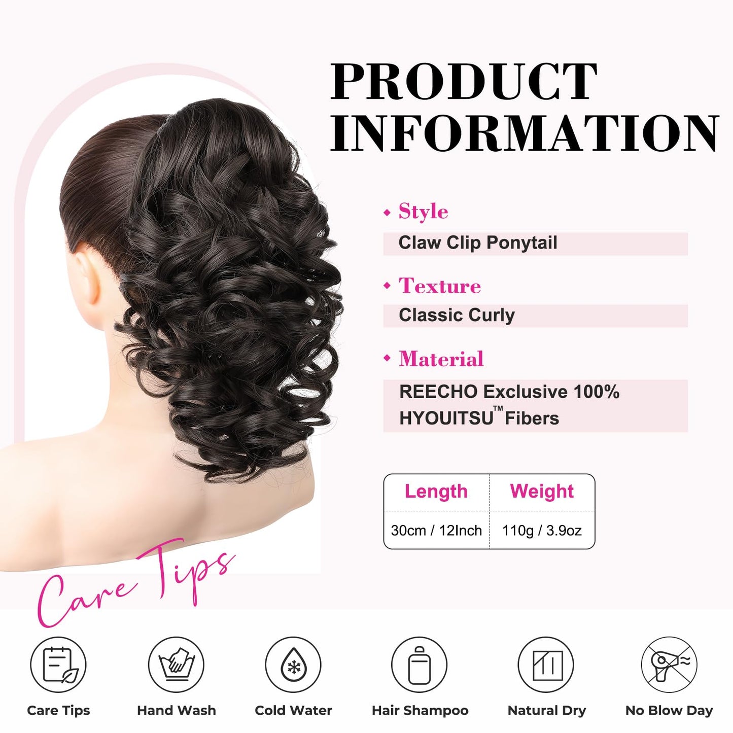 REECHO 16" Ponytail Extension, Classic Loose Curly Wavy Claw Clip Ponytail Wig Extensions Hairpieces for Women - Black Brown