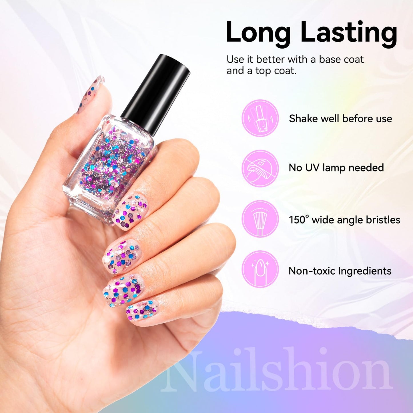 Nailshion Confetti Nail Polish, Purple Blue Rose Gold Glitter Sparkle Nail Polishes with Hexagon Glitter, Rich in Castor Oil, Air Dry No Need U/V Lamp, Iridescent Geometric Nails Art Home DIY Gift