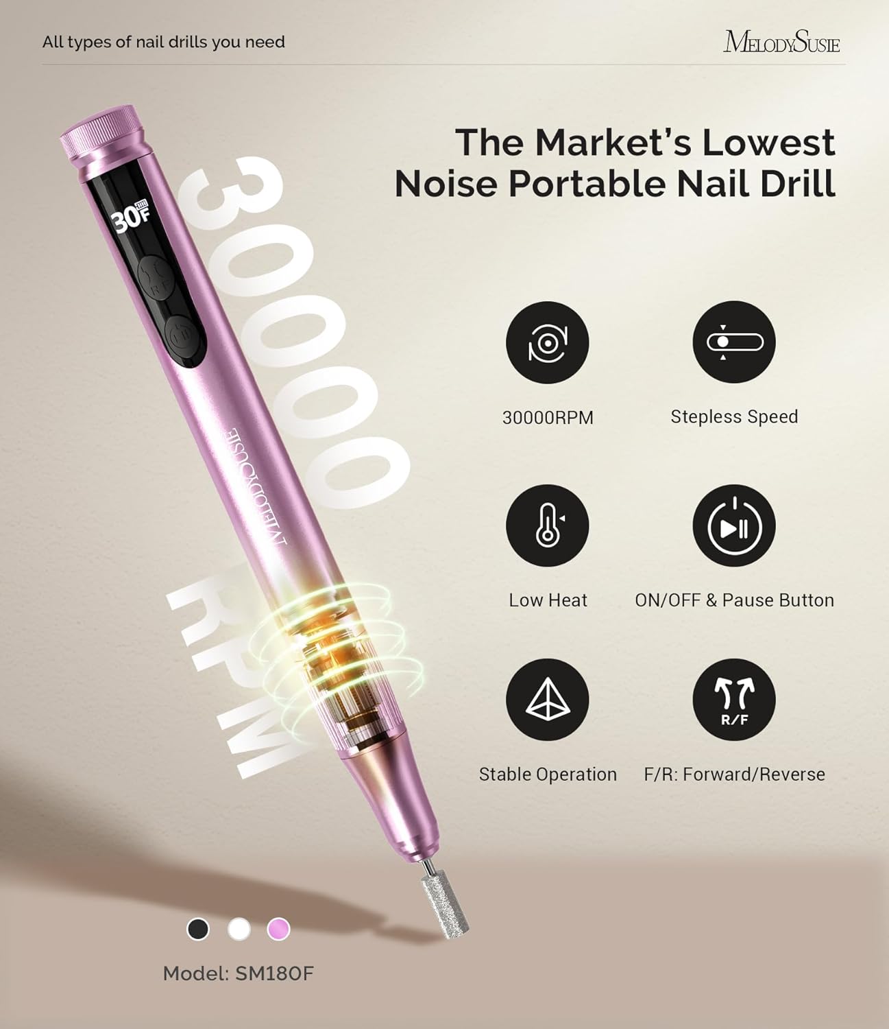 MelodySusie Cordless Nail Drill - 30000RPM E-File with Adjustable Speed & LED Display | Perfect for Manicure & Acrylic Gel Removal