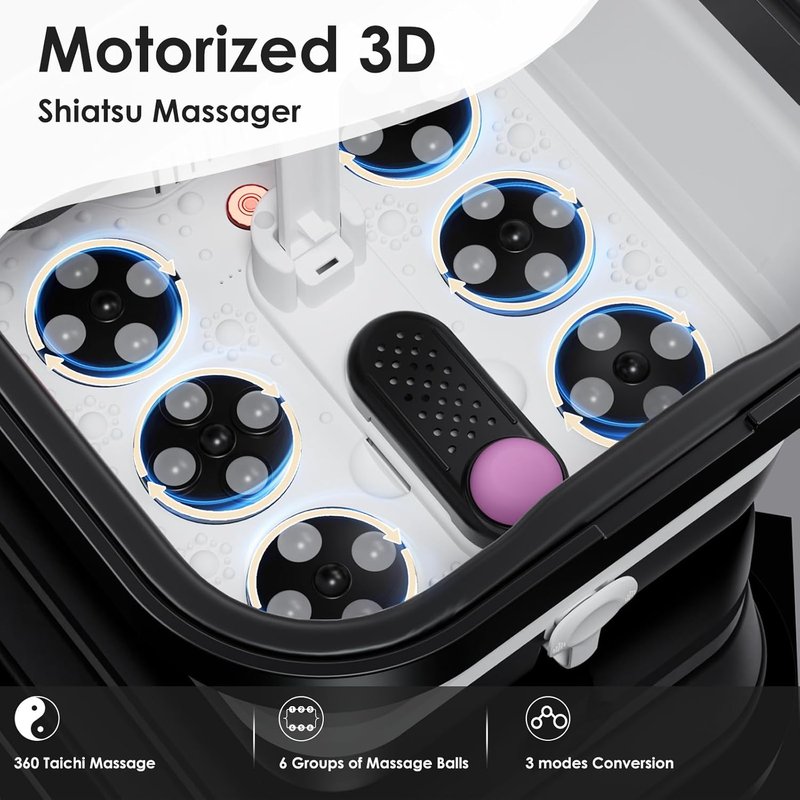 Electric Foot Spa with Touchscreen Display - Collapsible Heated Bath & Remote Control | 24 Shiatsu Massage Balls (Black)