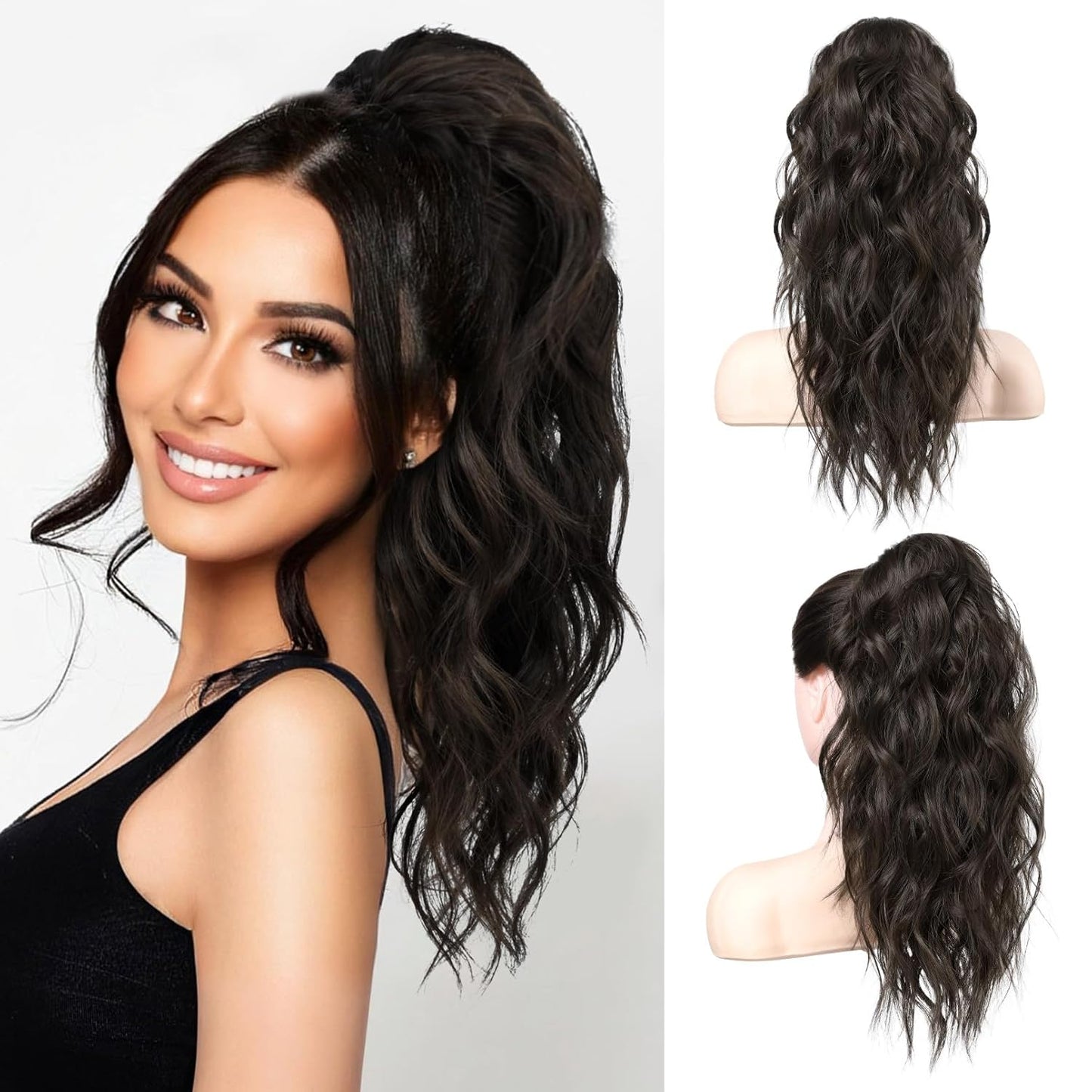 Ponytail Extension - 18" Wavy Claw Clip Hairpiece | Synthetic Curly Ponytail - Black Brown