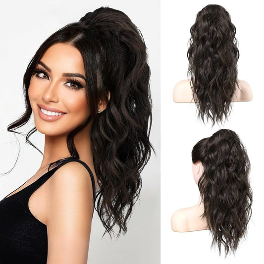 Ponytail Extension - 18" Wavy Claw Clip Hairpiece | Synthetic Curly Ponytail - Black Brown