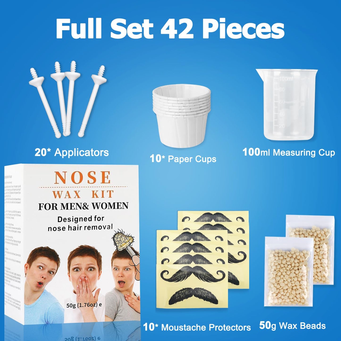 Nose Wax Kit Men, Nose Ear Hair Waxing Kit for Men and Women with 100g Wax, 45 Sticks, Nose Ear Hair Removal Kit, USB Fast Heat, Smart Constant Temp, Multi-Accessories, Black