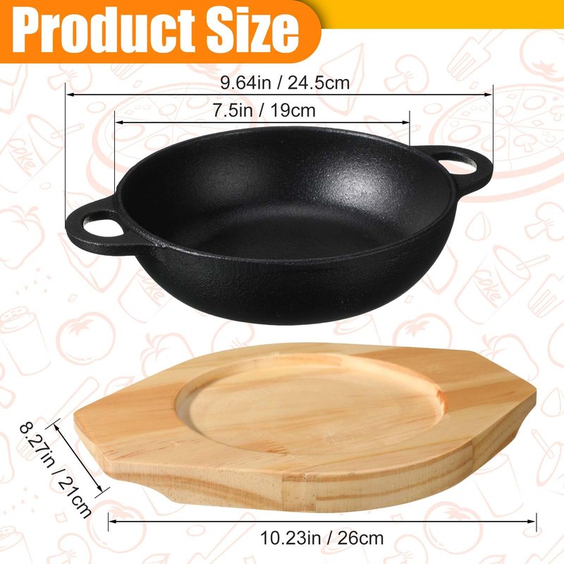 Jingmore 2 Sets Mini Cast Iron Skillet with Wooden Base Small Cast Iron Plates Skillet Pan Round Fajita Plate Hot Steak Pot Dish for Baking Cooking(7.5 Inch)