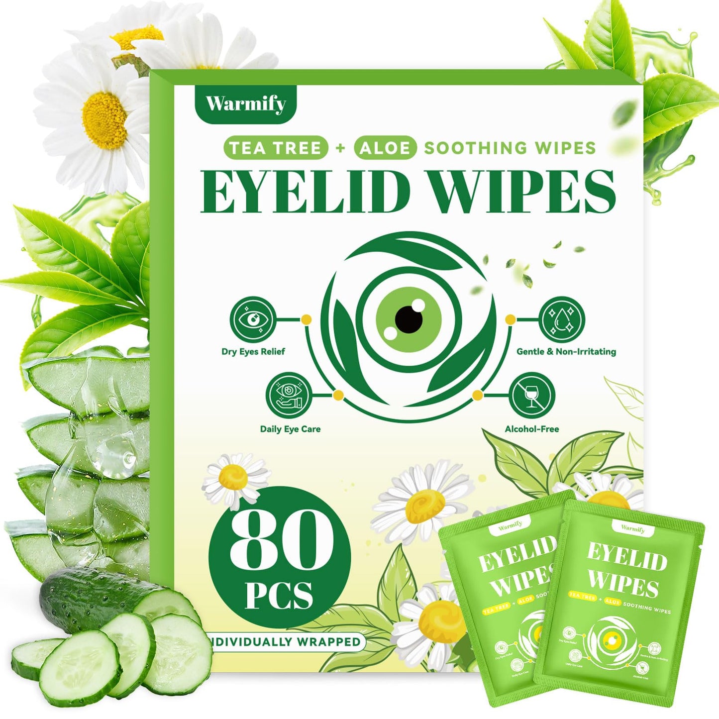 80 Pcs Tea Tree Oil Eyelid Wipes, Individually Wrapped Eye Lid Cleansing Wipes for Sensitive Eyes, Gentle Daily Eyelid Cleanser for Dry Eyes, Lash & Lid Hygiene, Alcohol-Free