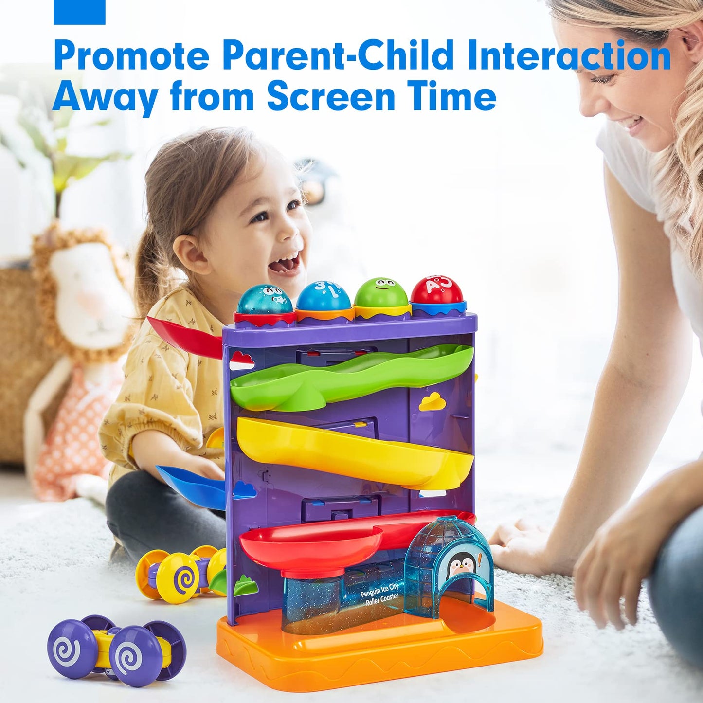 hahaland Ball Drop Toys for 1 Year Old, 2 in 1 Pound a Ball & Car Ramp Montessori Toys for 1 Year Old, Cause and Effect Toys with 4 Balls, 4 Cars & Squeaky Hammer, Toddler Birthday Gift 12M+