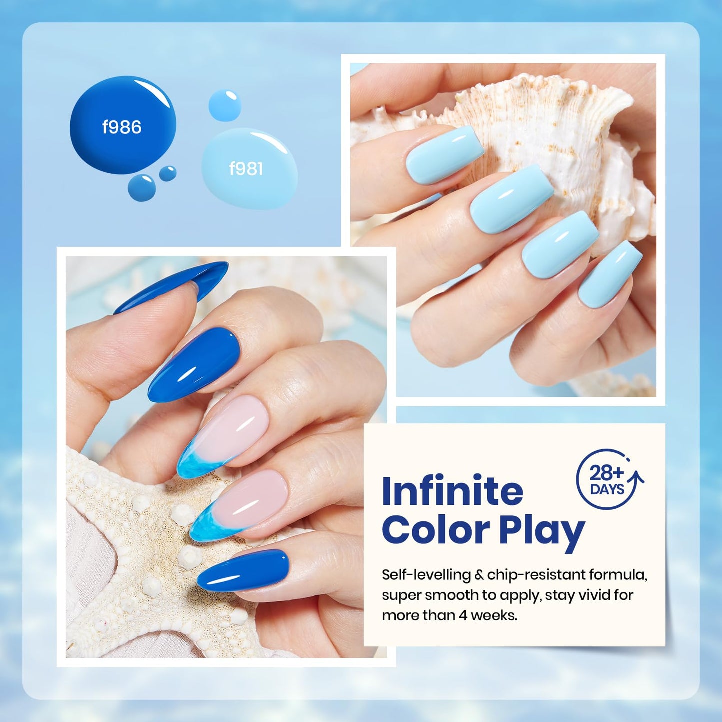 Beetles Blue Gel Polish Set - Ocean Range, 6 Colors Light Dark Navy Baby Blue Gel Nail Polish Soak Off UV LED Lamp Needed Manicure DIY Home for Women