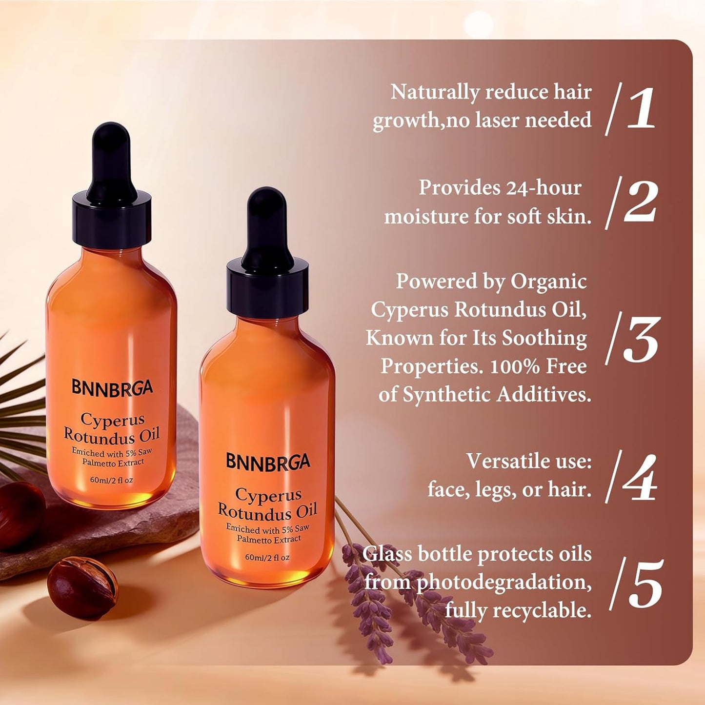 Cyperus Rotundus Oil for Hair Removal - Organic Hair Reduction Serum with 5% Saw Palmetto Extract | 60ml
