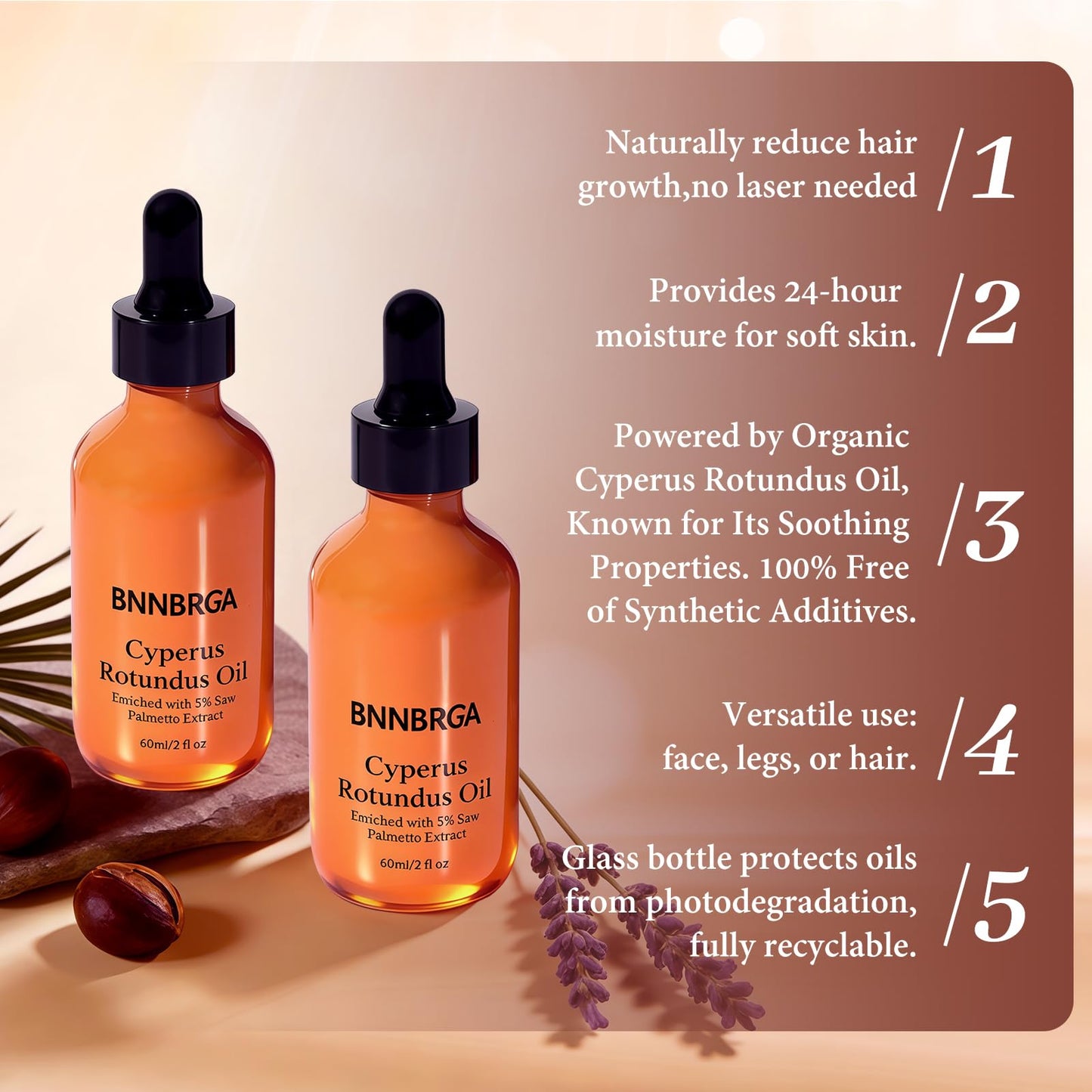 BNNBRGA Cyperus Rotundus Oil with 5% Saw Palmetto, Hair Removal Oil, 60ml