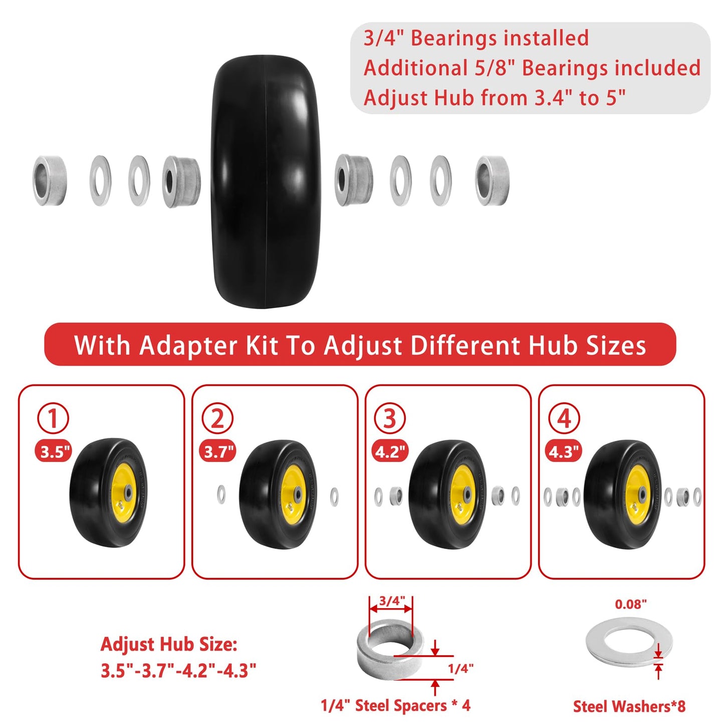 Parts Camp 9x3.50-4" Flat Free Tire and Wheel Lawnmower Tire,front zero turn mower/garden tractors/wheelbarrows/garden carts Tires With 3/4" & 5/8" Bushing,3.5"-4" Centered Hub(Set of 2)