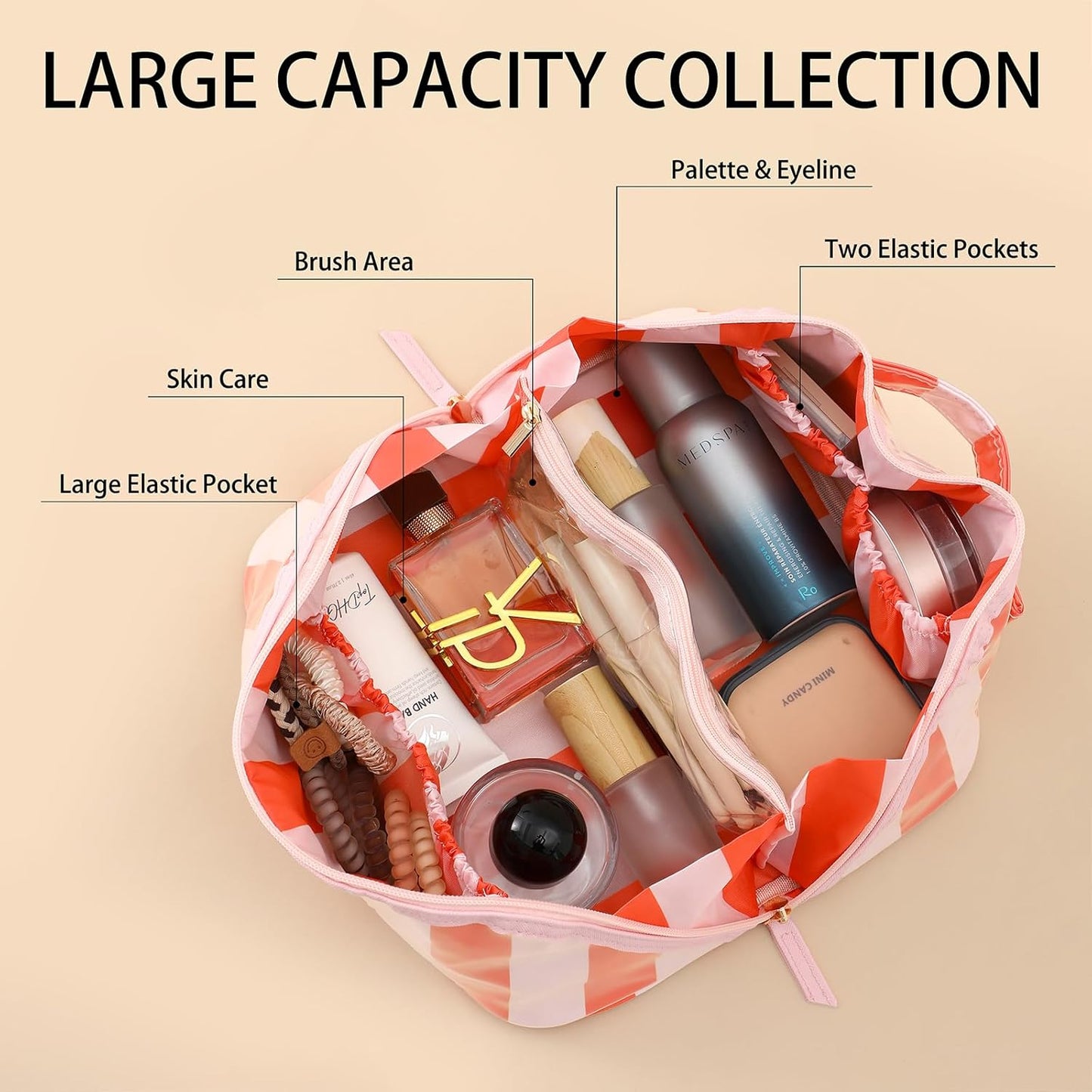 Stripe Travel Makeup Bag - Waterproof Cosmetic Organizer with Compartments | Pink-Orange