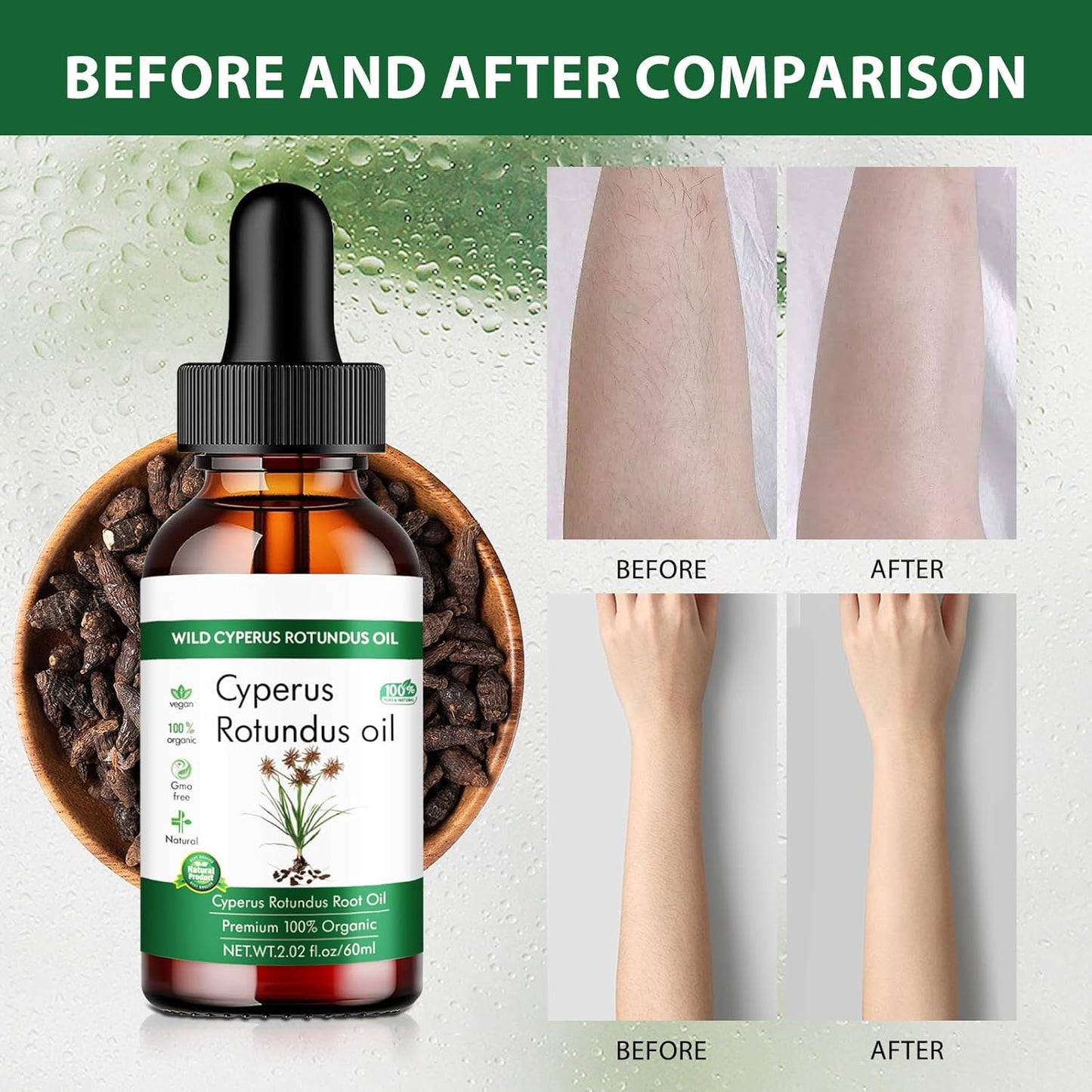 Wild Cyperus Rotundus Oil - 100% Organic Hair Removal Oil | 2.02 fl oz for Smooth Skin