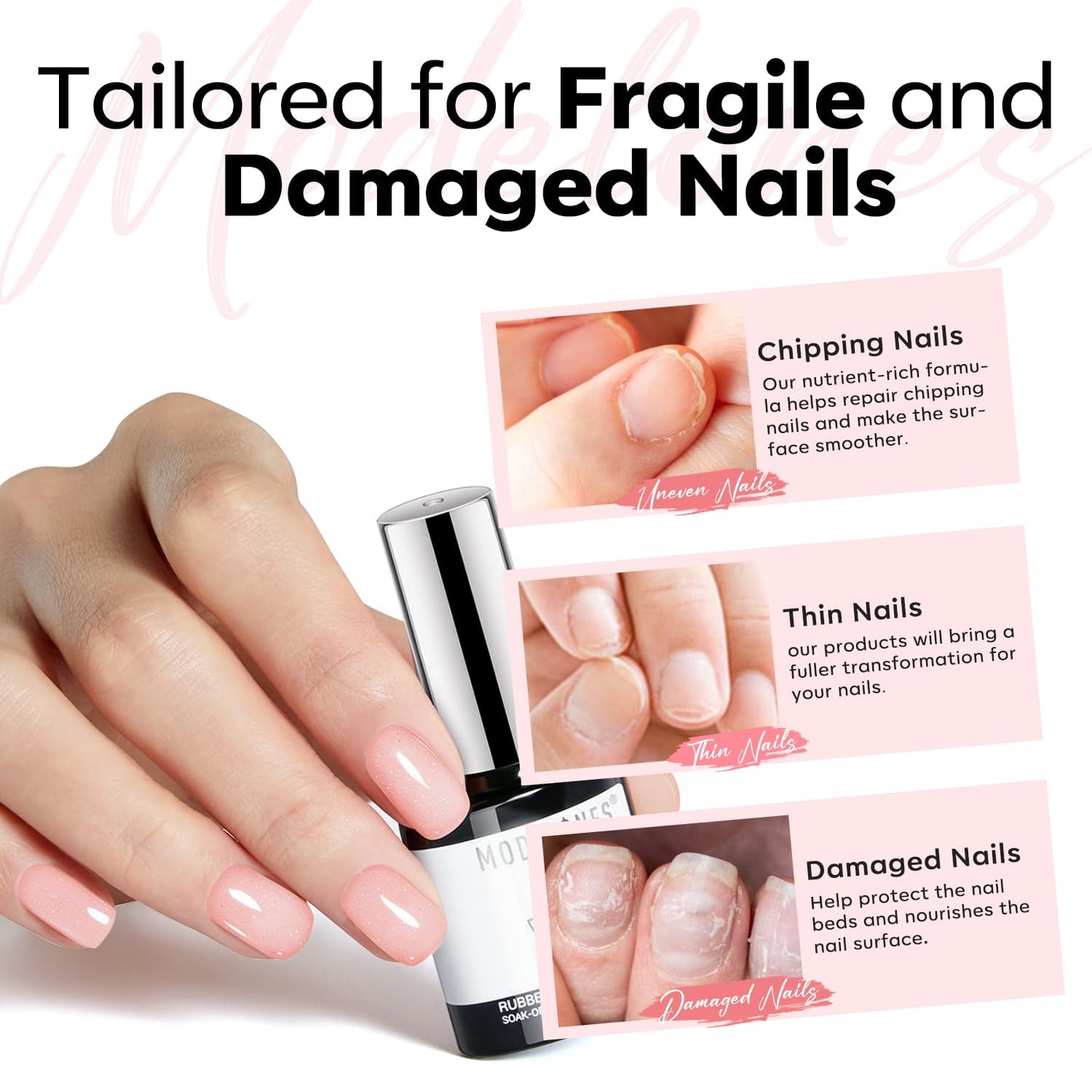 Modelones Builder Rubber Gel Base Coat - Nude Pink Glitter Nail Polish for Strengthening and Apex Building | Long-Lasting UV Manicure