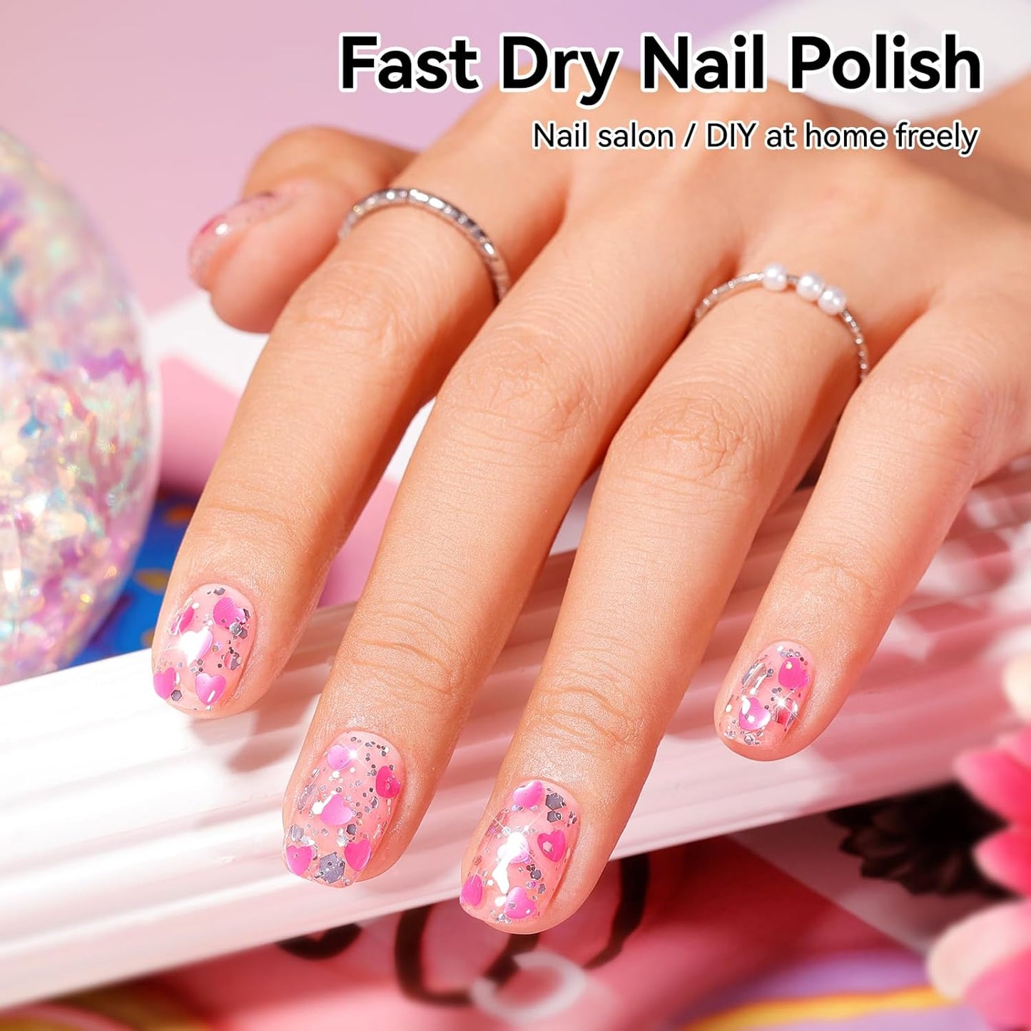 Hot Pink Hearts Confetti Nail Polish - Quick Dry Vegan Formula | Ombre Sparkle for DIY Manicure