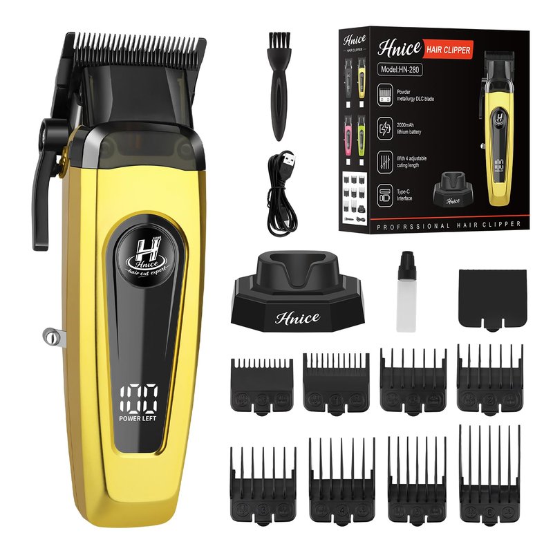Hnice Professional Hair Clippers for Men 11500 RPM Barber Clippers Cordless with LED Display, 2000mAh Battery 150 Mins Runtime, DLC Blade, Charging Base & 8 Guide Combs Haircut Kit,HN-280