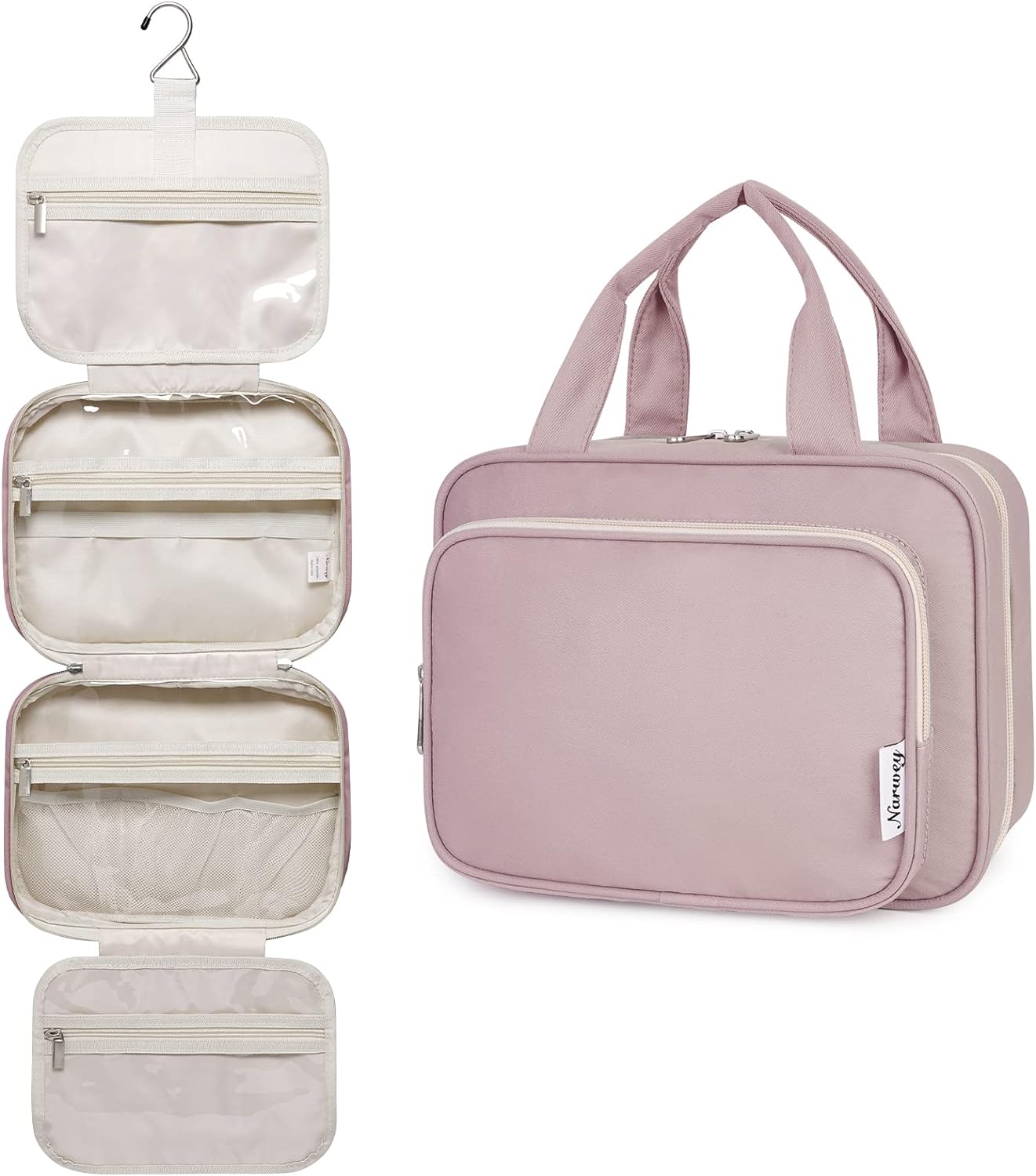 Striped Hanging Toiletry Bag for Women - Travel Makeup Organizer | Medium Dusty Pink Stripe