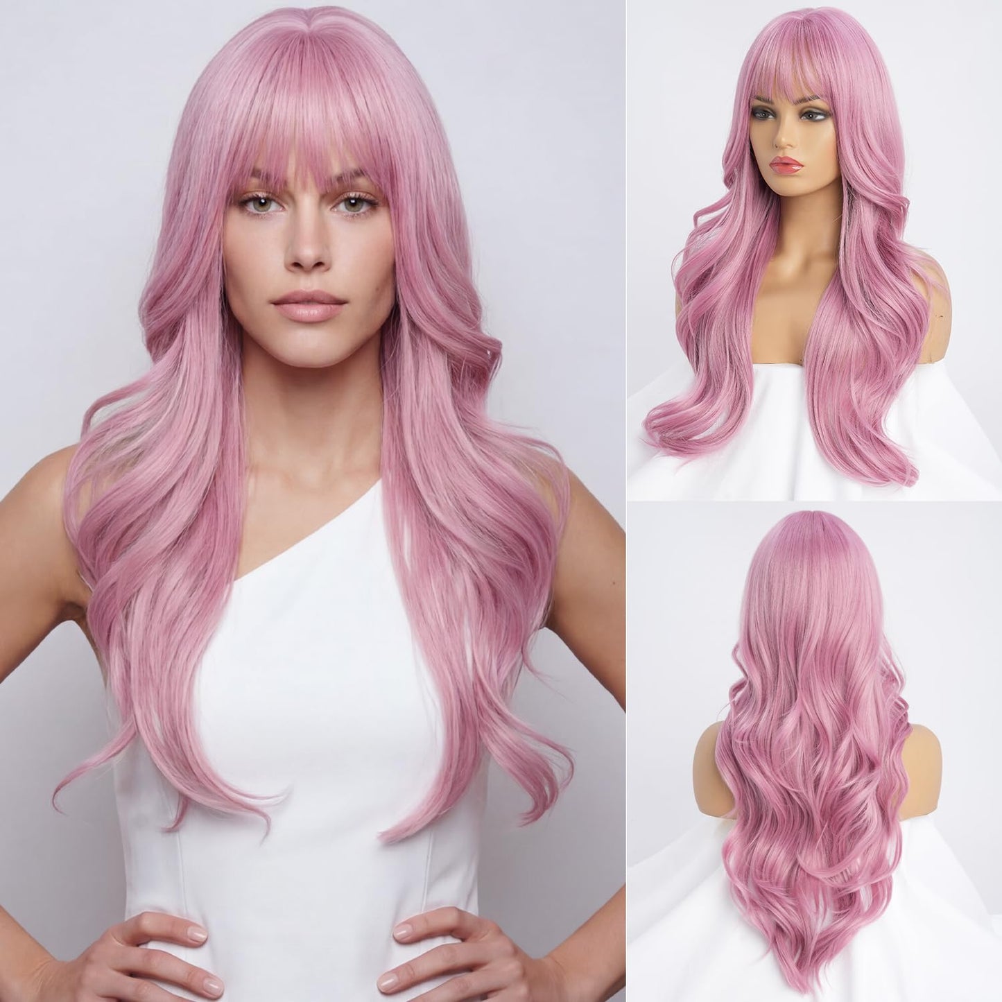 Long Black Wig with Bangs - Medium Length Wavy Layered Style | Heat Resistant Synthetic Hair (28 Inches)
