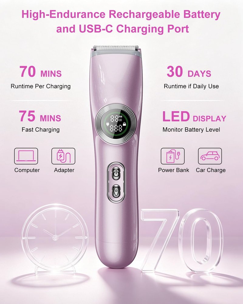 2-in-1 Electric Bikini Trimmer for Women: Dual Head Pubic Area Body Hair Shaver for Womens - Rechargeable IPX6 Wet Dry Razor with LED Display for Female - Painless Facial Removal Ceramic Blade Shavers