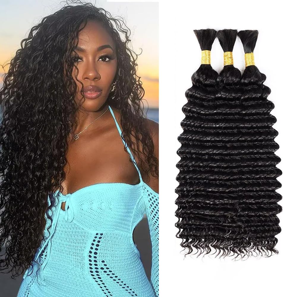 Bulk Human Hair for Braiding Deep Wave 1B Natural Black Color 16 16 16 Inch Human Braiding Hair Extensions for Boho Braids Deep Wave Virgin Curly Bulk 3 Bundles Total 150g