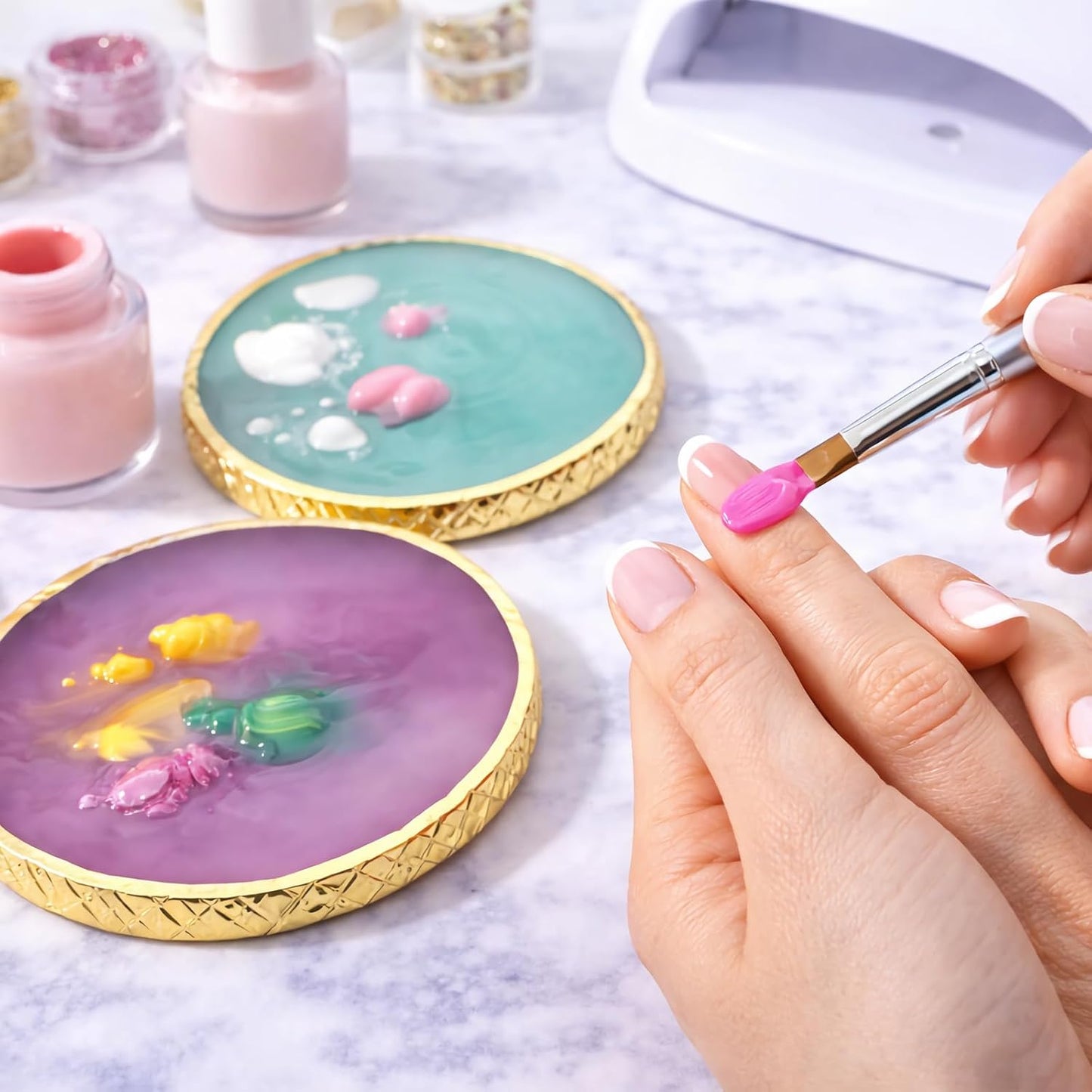 Resin Nail Art Palette - Gel Polish Mixing Board with Gold Edge | Green & Purple