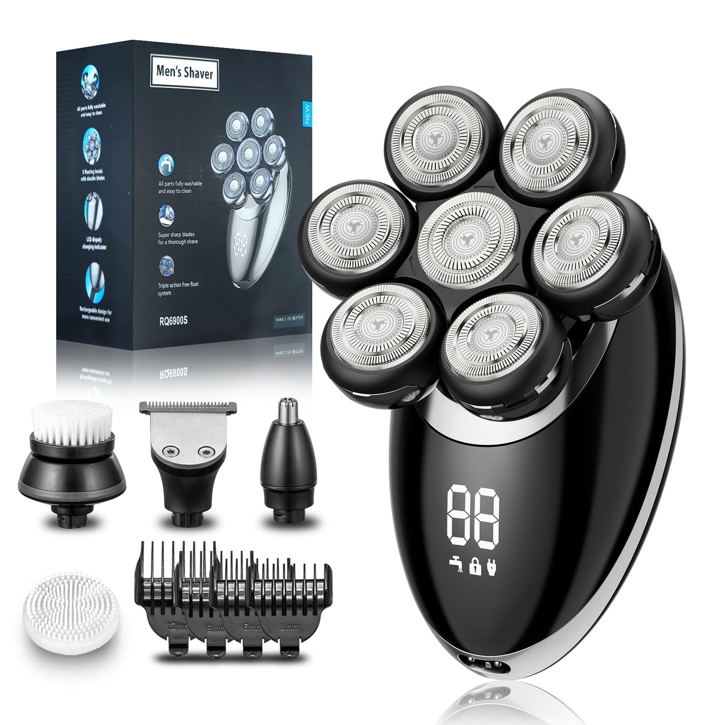 Head Shaver for Bald Men, 7D Electric Rechargeable Wet/Dry Shaving Razor with LED Display, 5-in-1 Grooming Kit Waterproof Bald Head Trimmer, Ideal Gift for Men (Black)