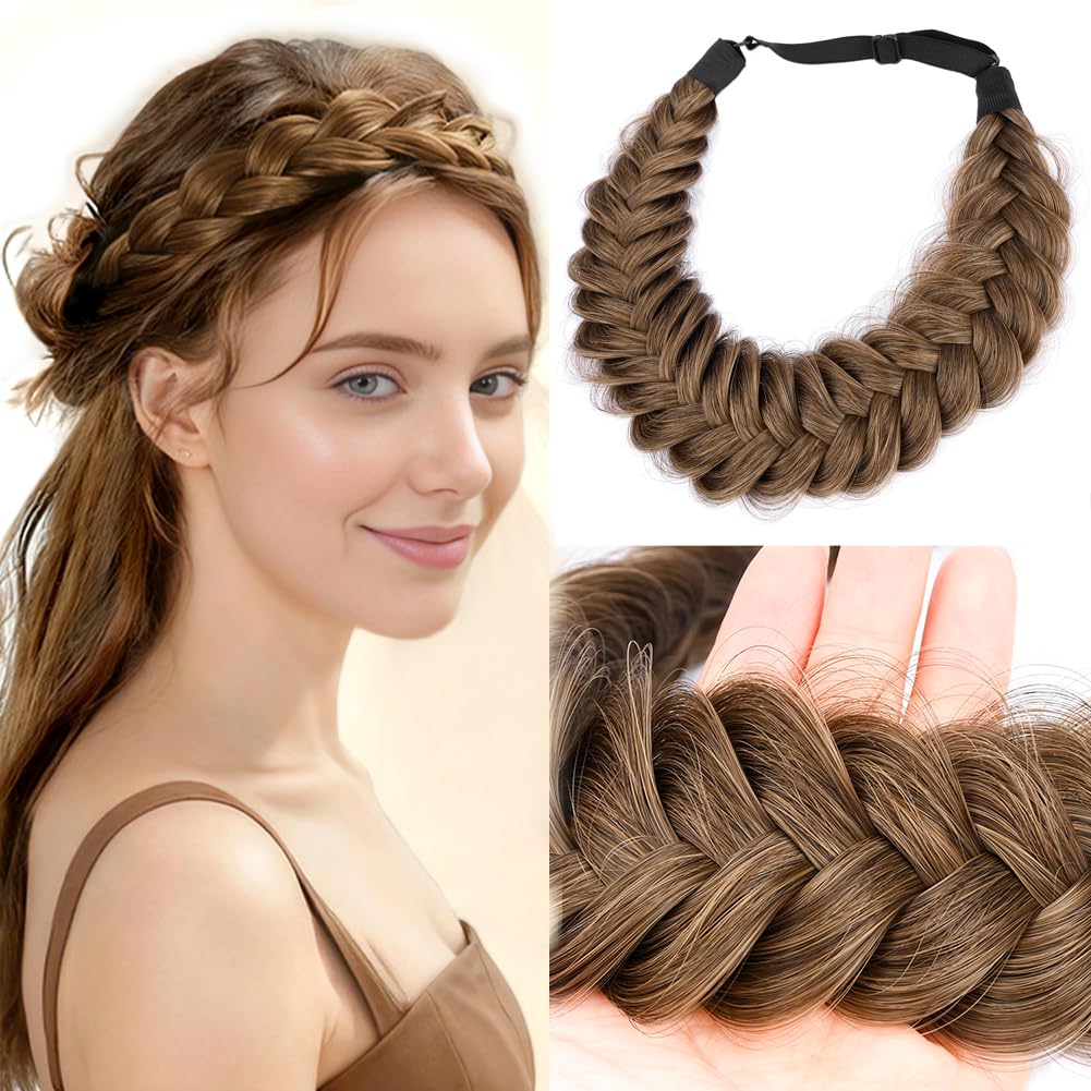 Messy Wide 2-Strand Synthetic Hair Braided Headband - Chocolate Toast | Stylish Hairpiece for Women & Girls