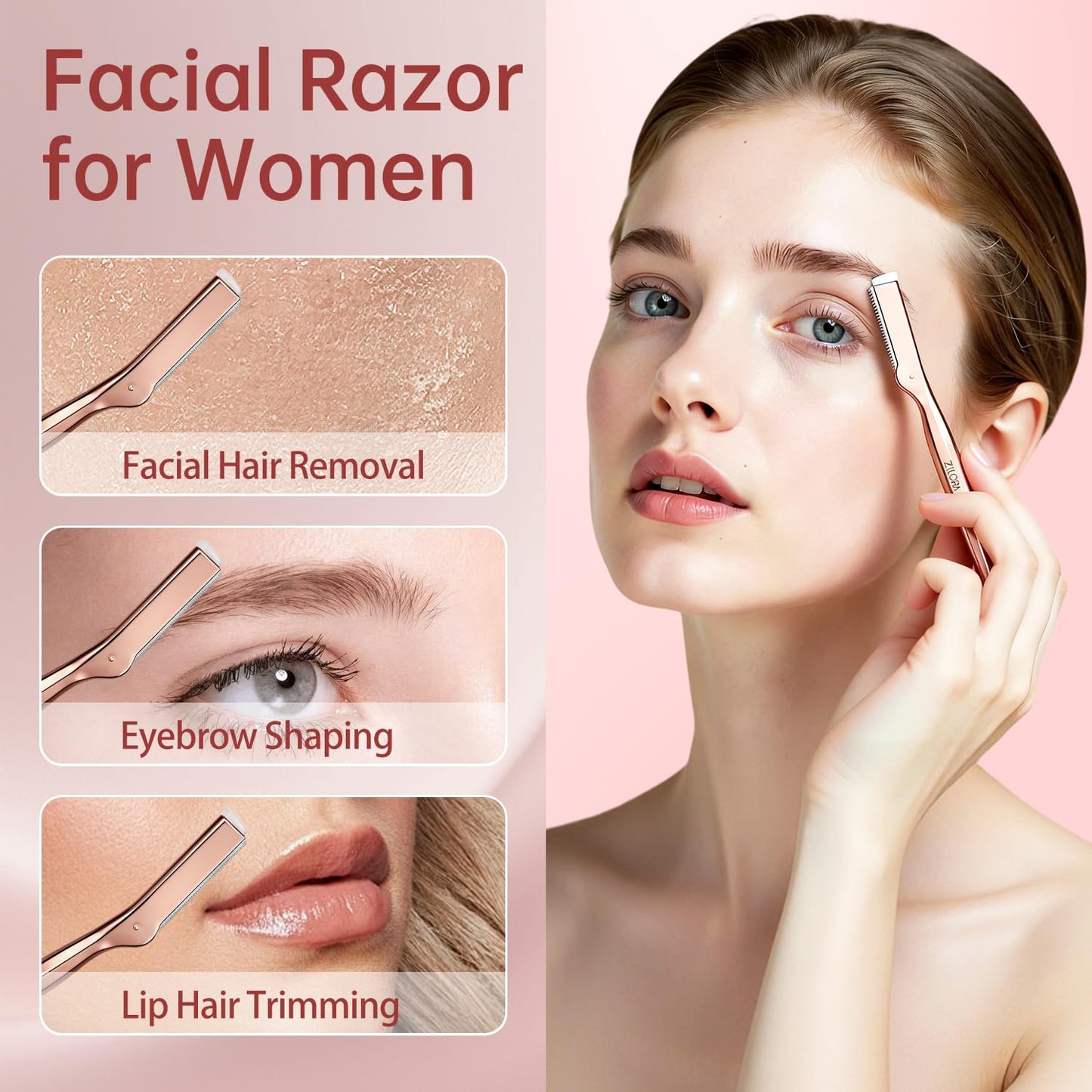 ZiLORA Metal Face Razor for Women, Dermaplaning Tool with 16 Replacement Blades (Wide & Micro), Facial Hair Remover & Eyebrow Trimmer, Rose Gold