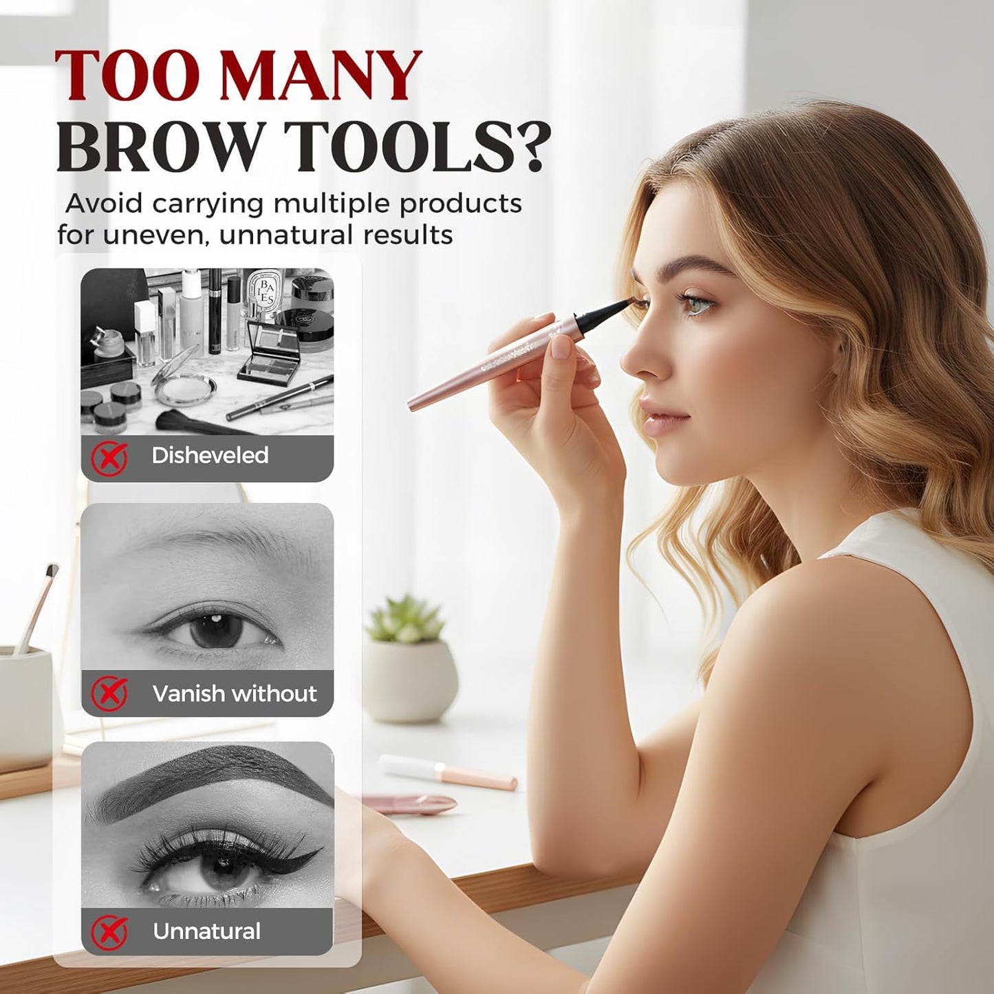 Microblading Eyebrow Pen - 4-Tip 3D Waterproof Brow Pencil for Women | Long-Lasting Natural Makeup (Black)