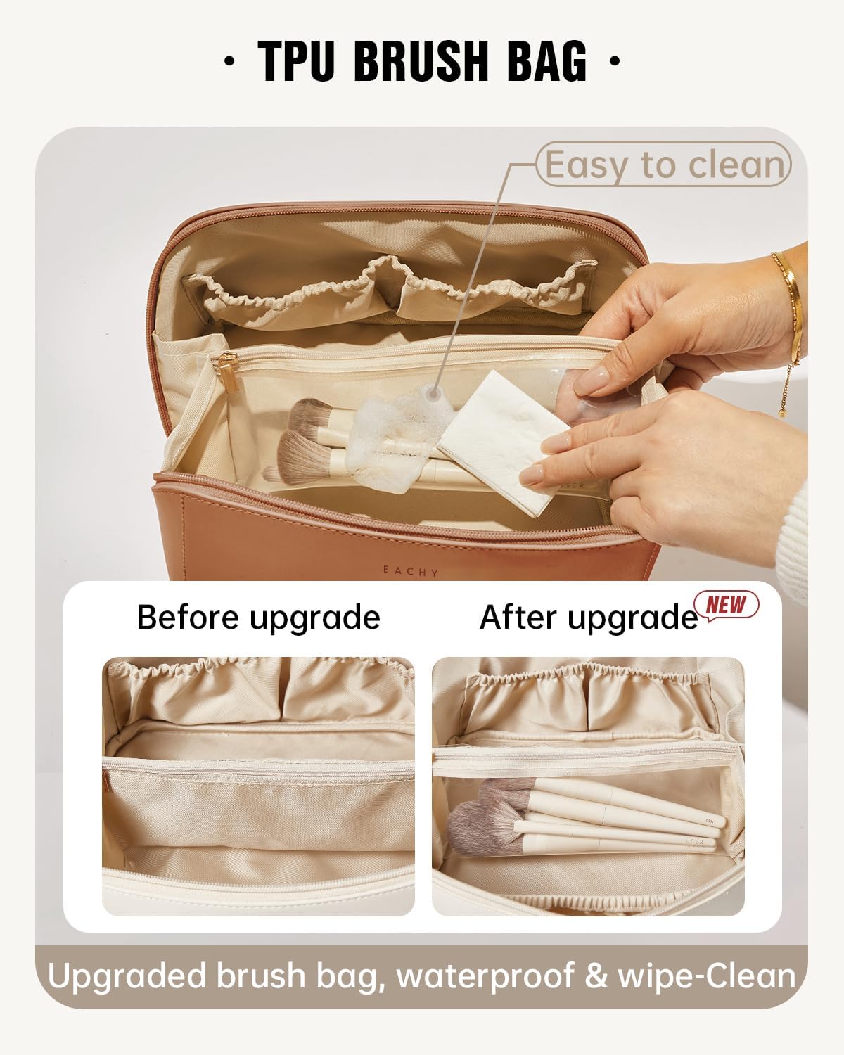 Travel Makeup Bag - Large Capacity Waterproof PU Leather Cosmetic Organizer | Flat Open Design for Skincare & Brushes
