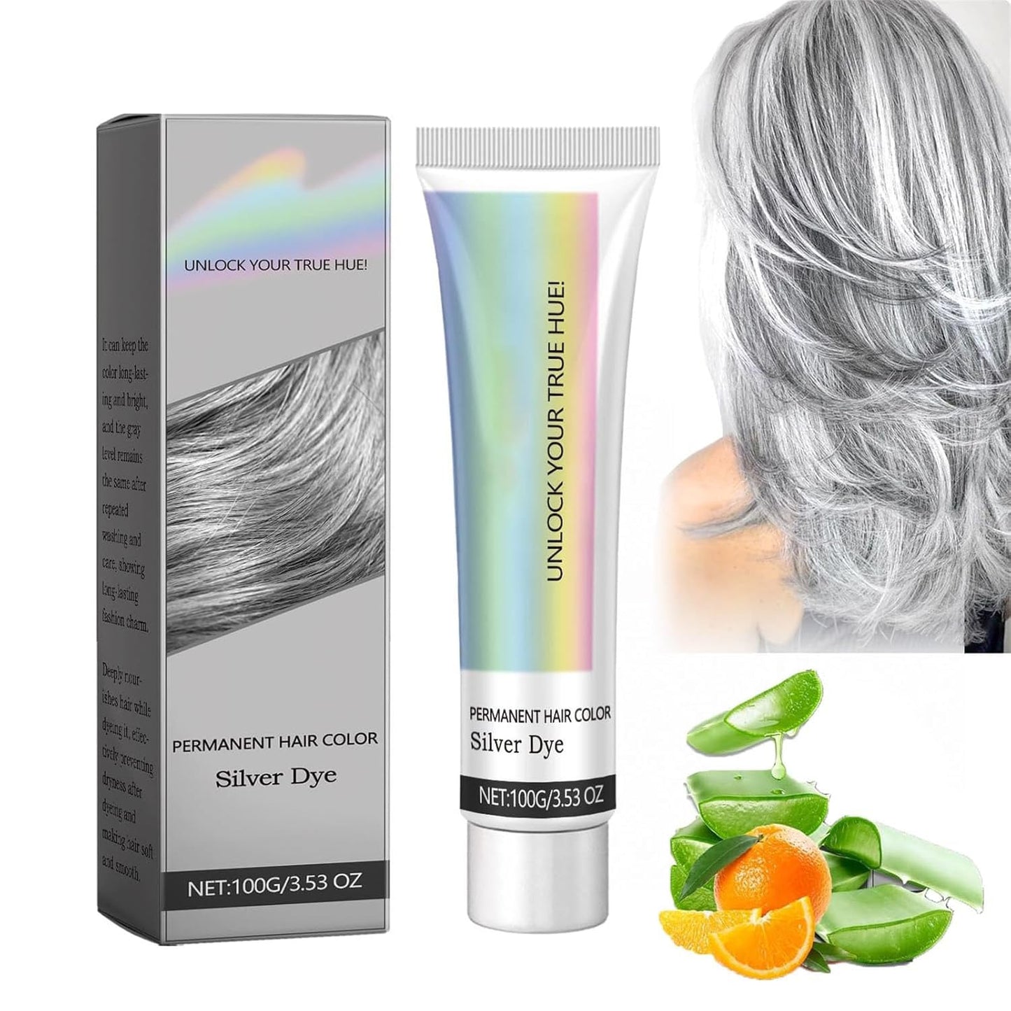 Silver Hair Dye - 2 in 1 Natural Essence Extract for Metallic Gray Color | Permanent Cream for Men & Women