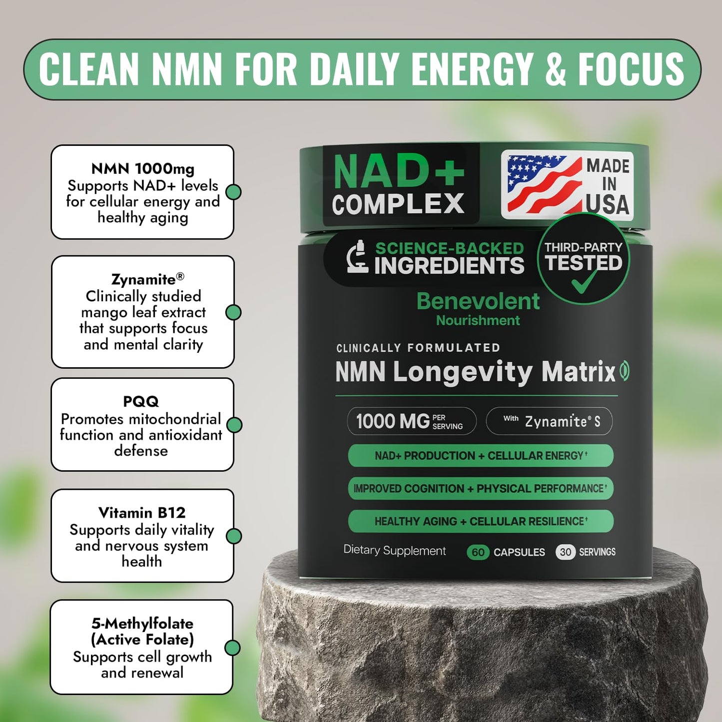 Benevolent Advanced NMN Supplement 1000mg (98% Purity) – 5-in-1 NMN Longevity Matrix with Zynamite® & PQQ for Increased NAD+ Levels, Cellular Energy, Cognitive & Healthy Aging – 60 Vegan Capsules