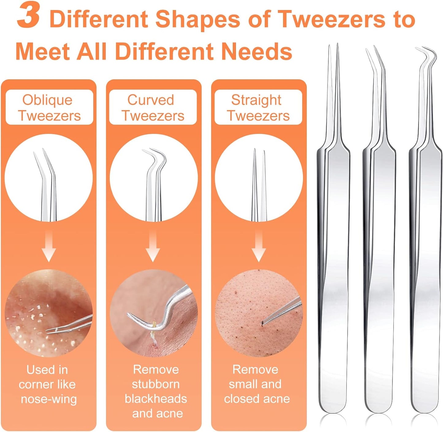 Pimple Popper Tool Kit - 15 PCS Professional Stainless Steel Blackhead Remover Set | Acne Extraction Tools in Metal Case (Silver)