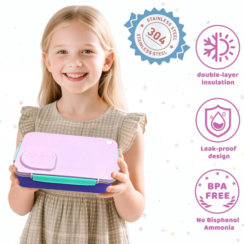 NaTuGi Kids Stainless Steel Lunch Box,304 Stainless Toddler Leak-Resistant Insulated Bento Box,Suitable For Schools,Office,Use Comes With An Independent Soup Cup,Tableware,4 Compartments (Purple)