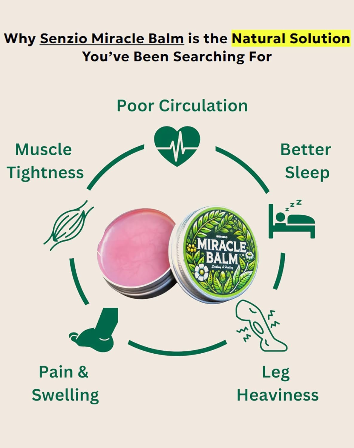 Senzio Miracle Balm - Herbal Relief for Swollen Legs & Nerve Discomfort | Asian Medicinal Herbs, 1 oz