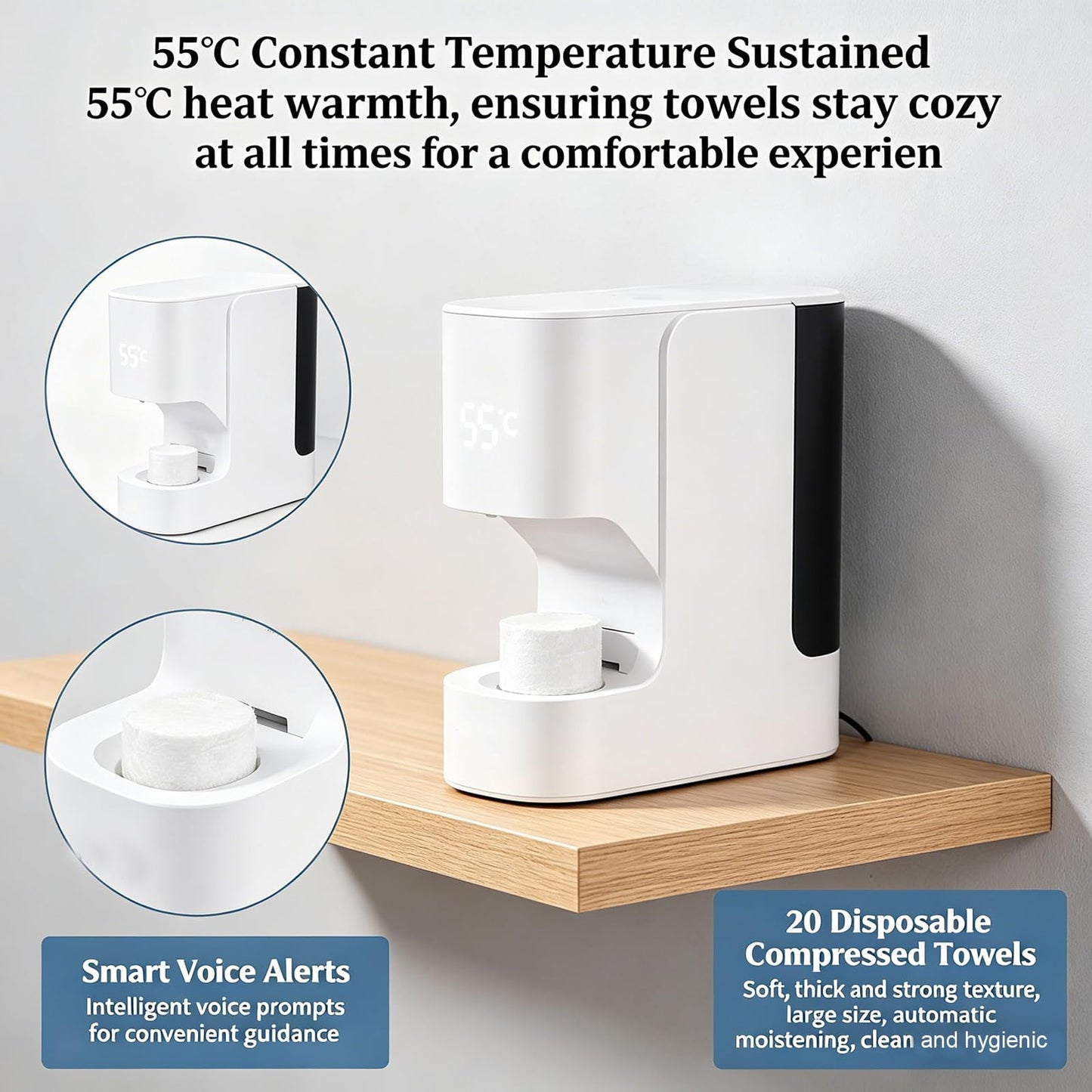 Hot Face Towel Heater Machine, Hot Towel Dispenser Automatic Towel Warmer 55°C Constant Temperature, 20 Compressed Towels Smart Voice Alerts, Towel Warmers for Bathroom Home Spa (Machine+3 Towel)