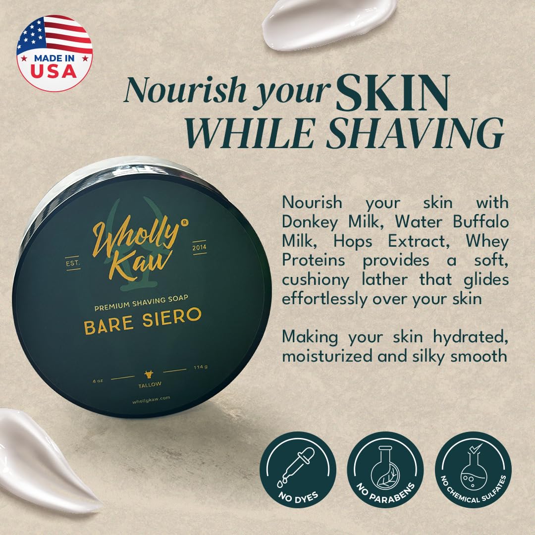WhollyKaw Unscented Suitable for Sensitive Skin Bare Siero Tallow Shaving Soap Enriched with Donkey Milk, Water Buffalo Milk, Whey Proteins, Omega 3, Hops Extract No Essential Oils No Fragrance.