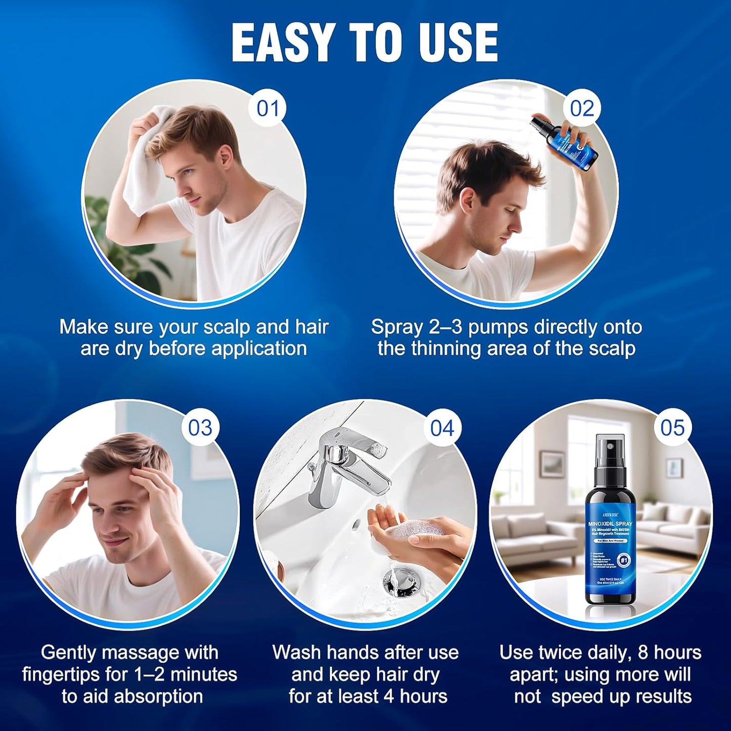 Minoxidil Hair Growth Spray for Men & Women - Biotin Infused Treatment | 6 Pcs, 12 Fl Oz Total