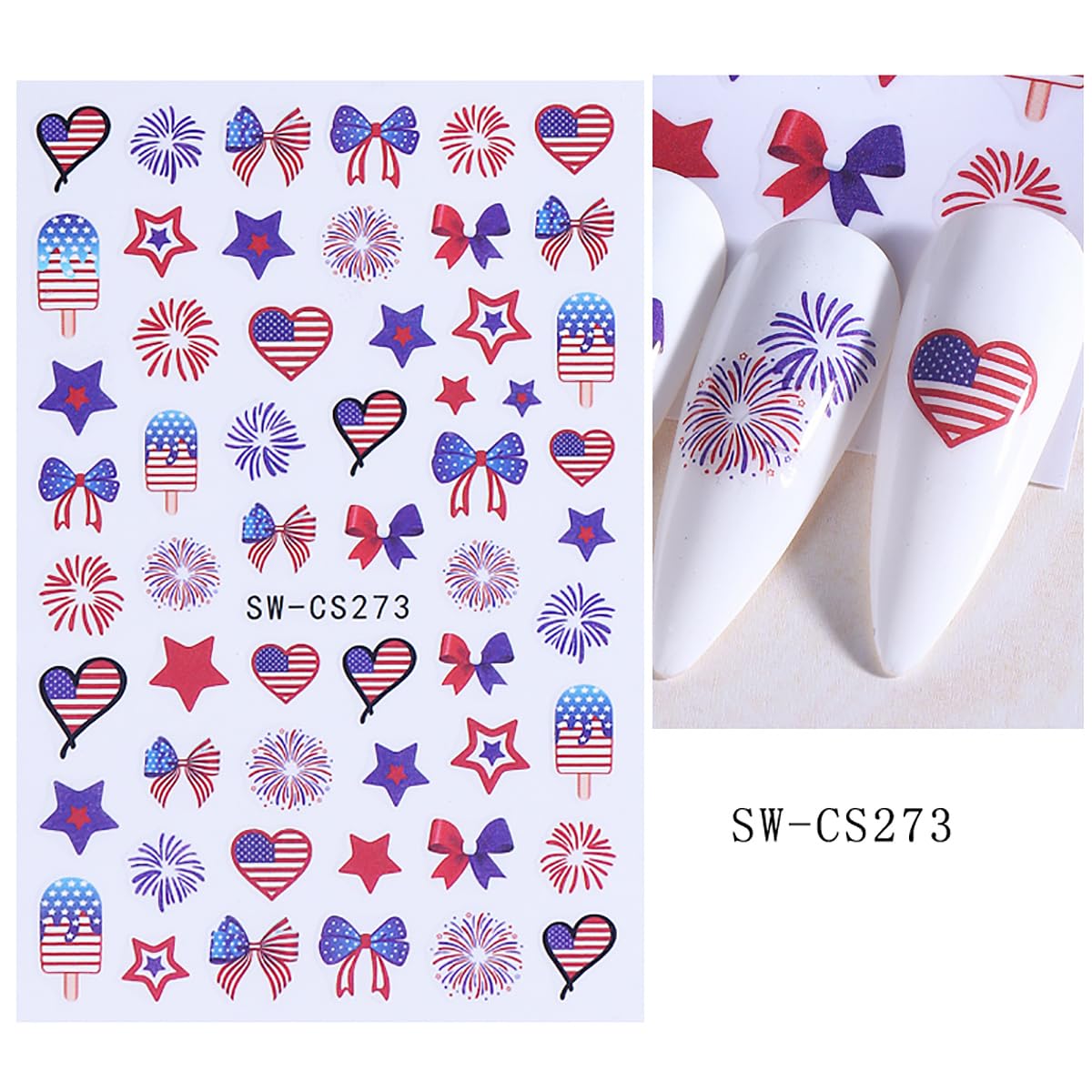Fourth of July Nail Stickers Red White Blue Nail Decals for Nail Art 6PCS 3D Self Adhesive Independence Day Nails Designs Stickers Fireworks Bow Star Nail Slider Manicure Patriotic Nail Art for Women