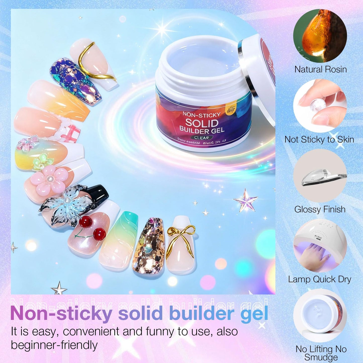 GELLAKTIK All-in-One Solid Builder Nail Gel Kit: 60g Hard Gel with 3D Mold, 6-Color Powders & Nail Art Tools (Nail File, Cuticle Pusher, Pen), Non-Sticky for Nail Extension, DIY Salon, UV/LED Cured