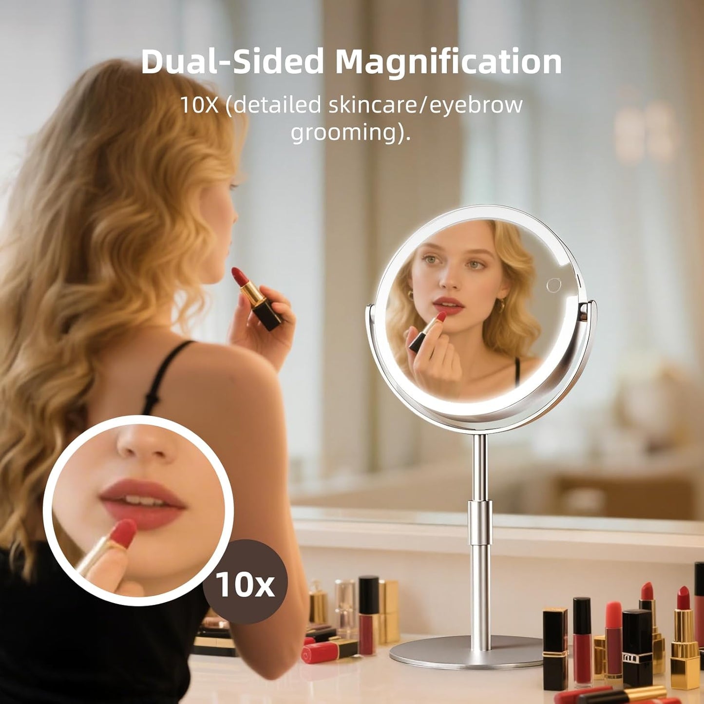 Makeup Mirror with Lights - 8" Double-Sided Magnifying Vanity Mirror 1X/10X | Rechargeable, Adjustable Brightness, 3 Colors