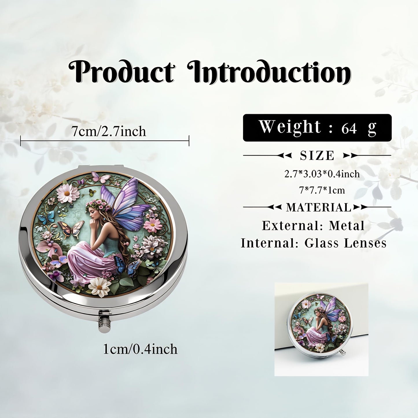 Silver Compact Mirror, 2.8x2.8inch Double-Sided Folding Makeup Mirror with Flower Fairy with Wings Design, Ideal Gift for Women