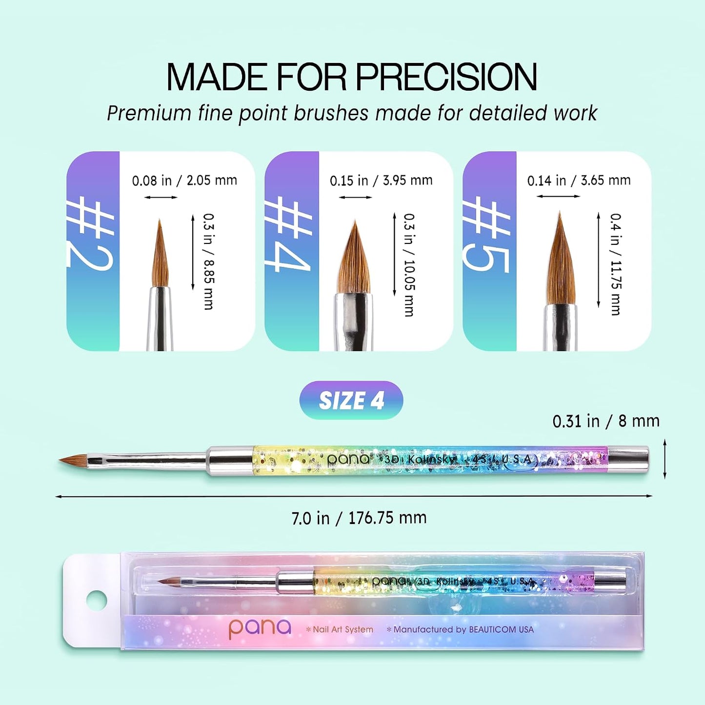 Kolinsky 3D Acrylic Nail Brushes - Liquid Glitter Handle for Professional Manicure | Rainbow Color, Size #4