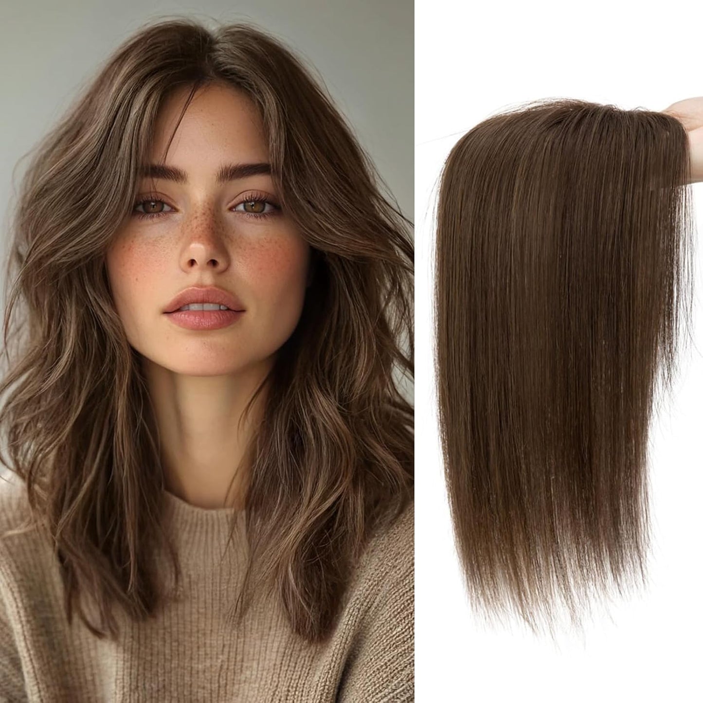 Human Hair Topper with Bangs - 360° 3D Cover Hairpiece for Women | Grey 12 Inch