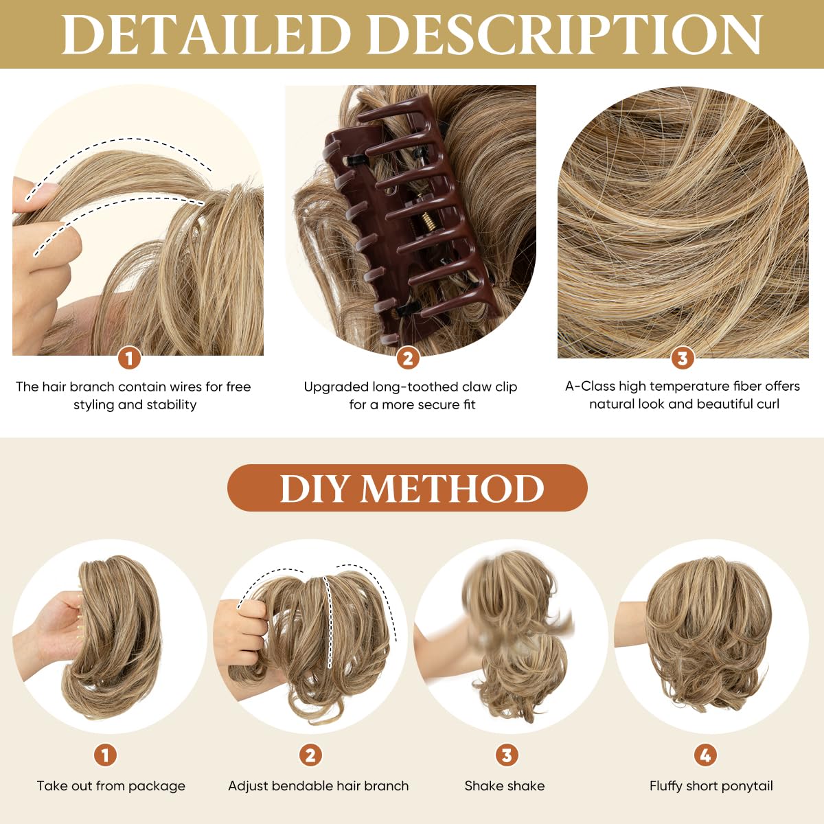youngways Claw Clip Short Ponytail Messy Bun Hair Piece Bendable Hair Branch Extensions Fluffy Wavy Curly Synthetic Versatile Dark Grey Hairpieces