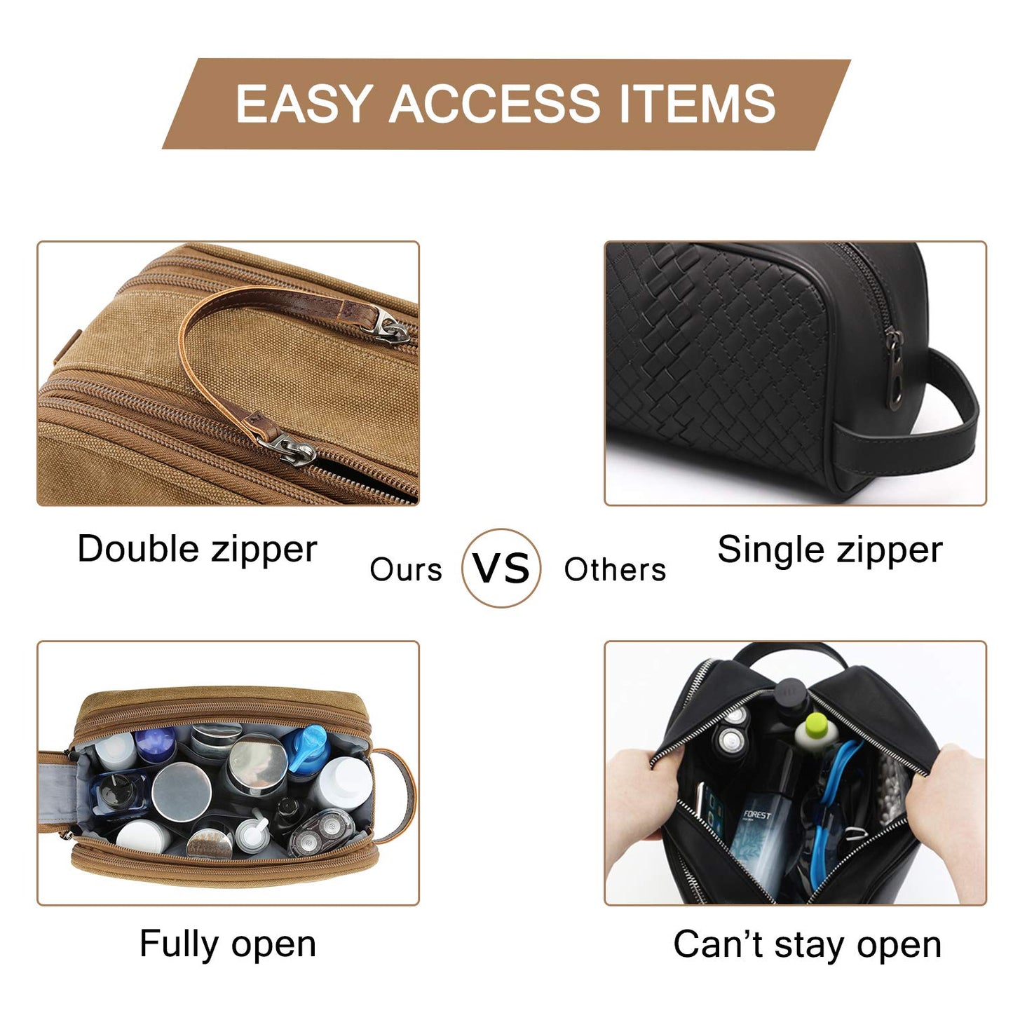 BAGSMART Toiletry Bag for Men, Canvas Travel Toiletry Organizer Dopp Kit Water-resistant Shaving Bag for Toiletries Accessories,Khaki-Medium